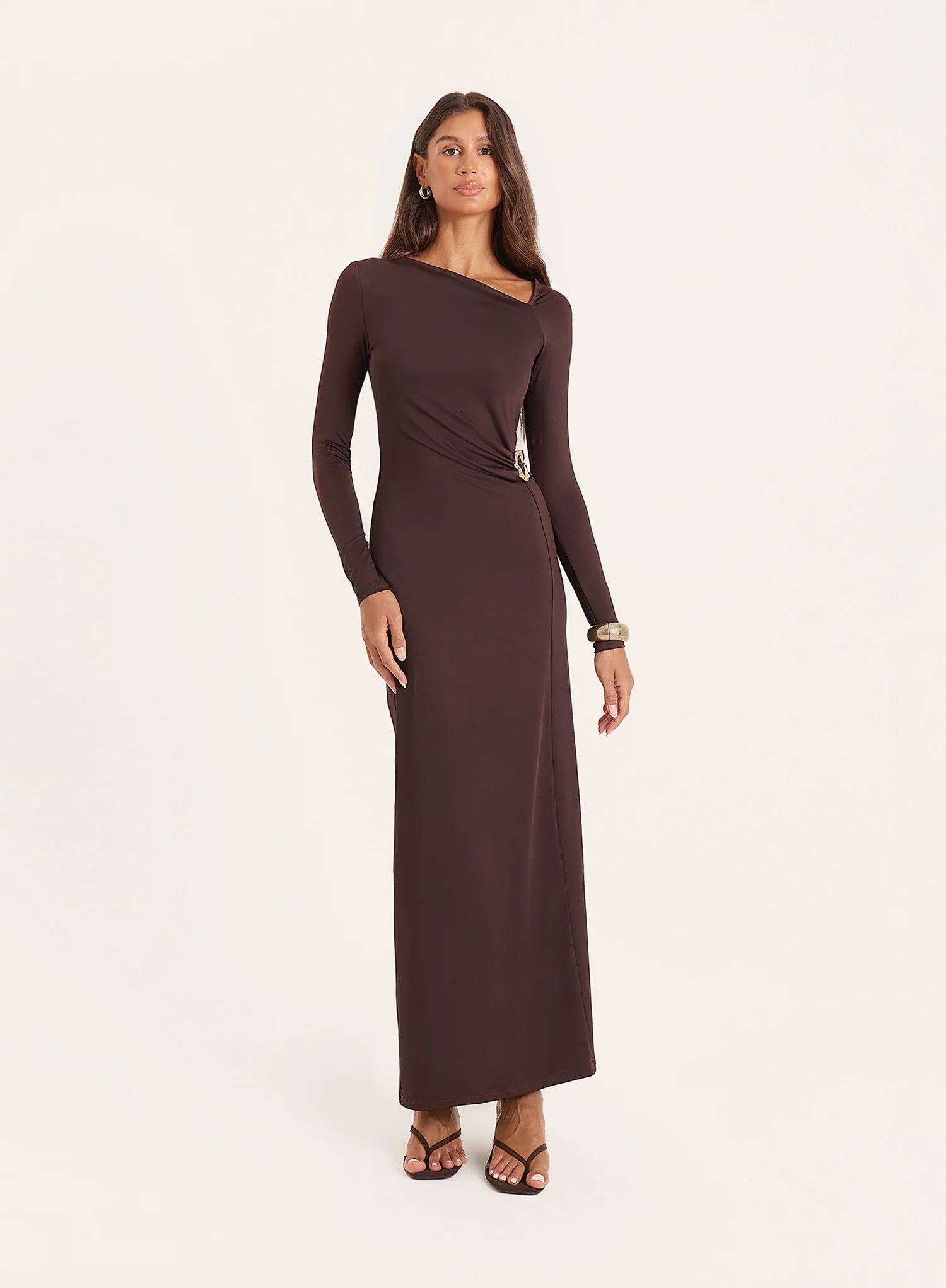 Chocolate Off Shoulder Hardware Maxi Dress