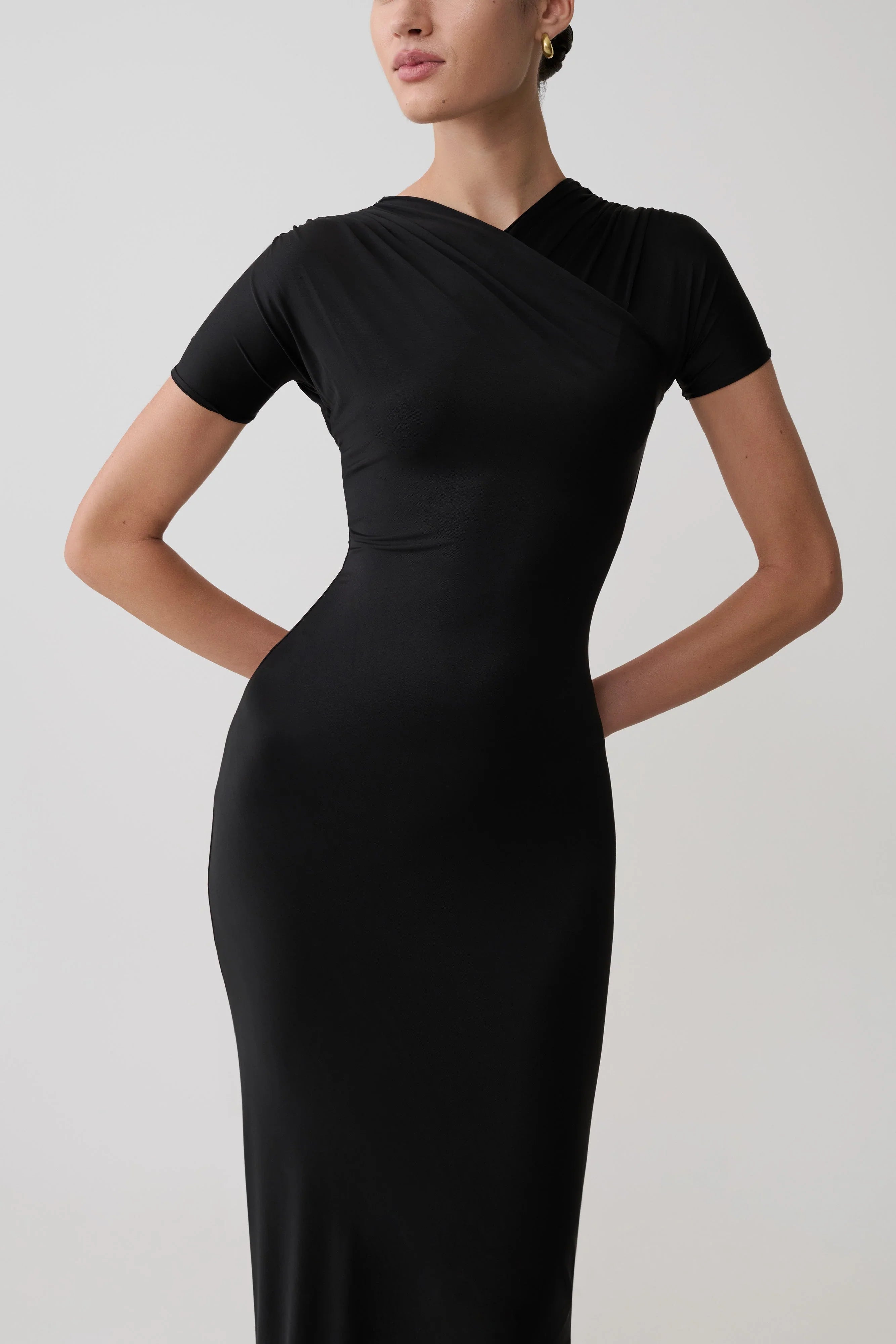 Junie Cross Over Neck Slinky Maxi Dress Black
