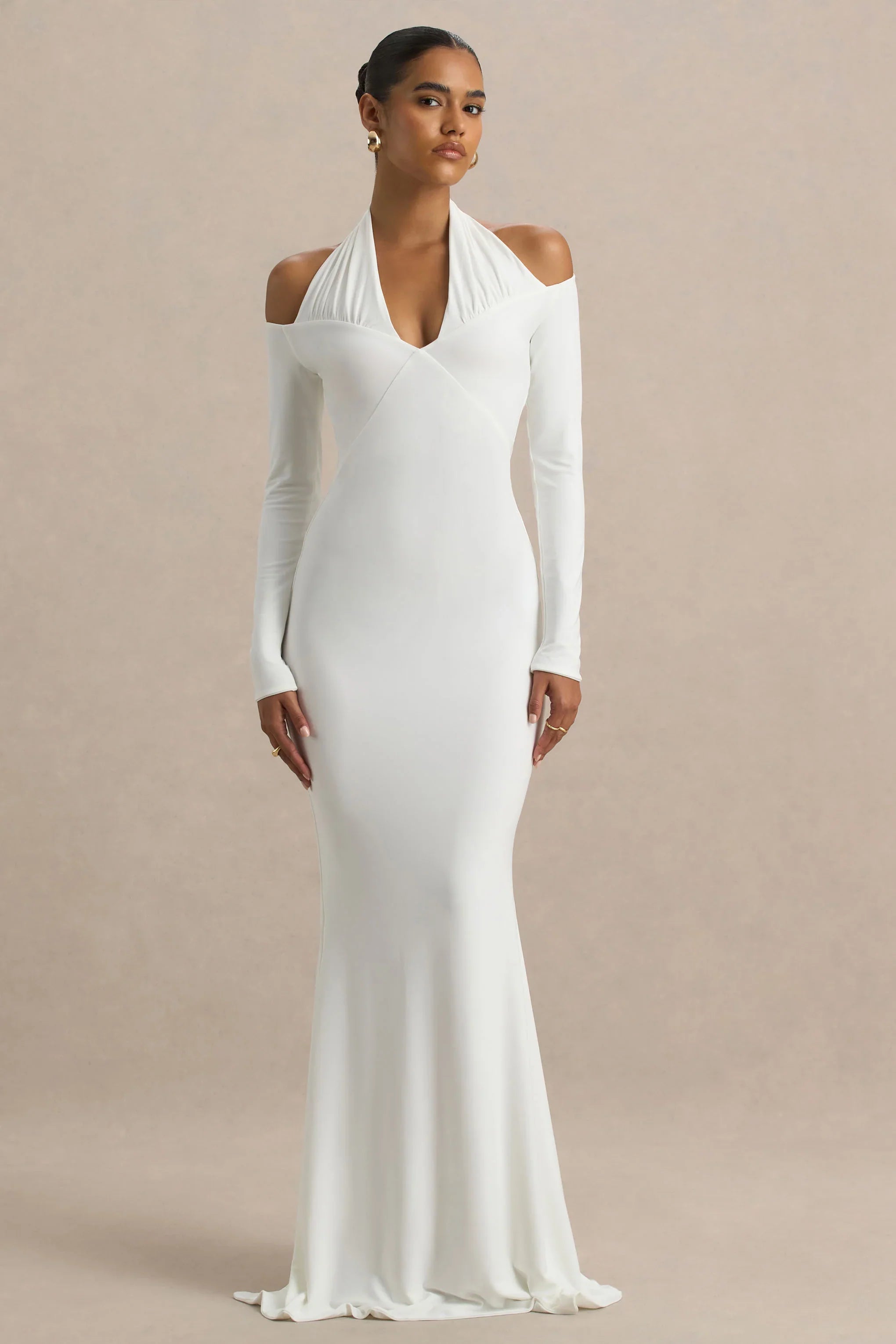 Living High White Halter Neck Maxi Dress With Long Sleeves