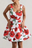 Alia Poppy Print Scoop Neck Tiered Volume Hem Mini Dress