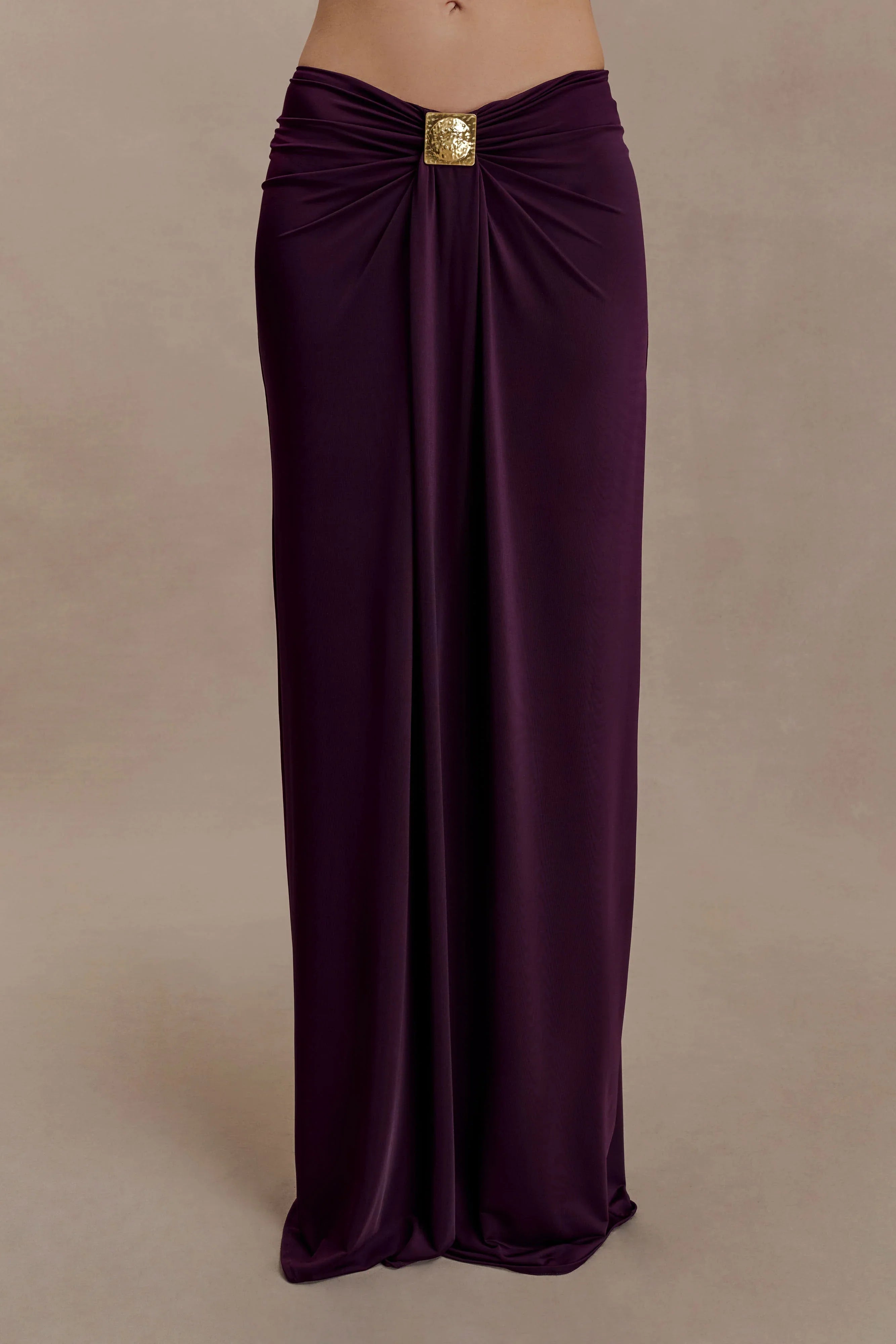 Erina Slinky Ruched Maxi Skirt With Hardware Aubergine