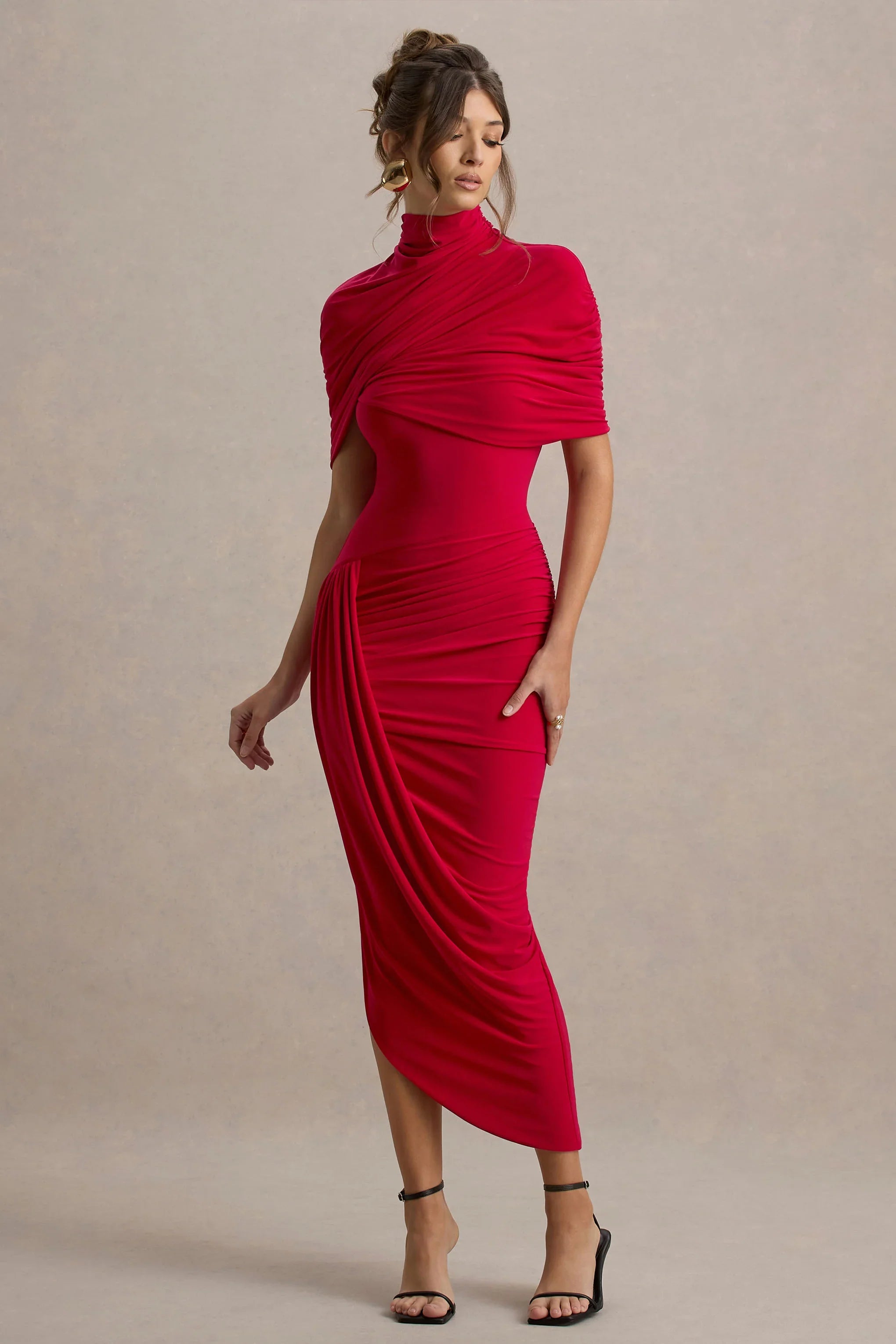 Enchant Red Asymmetric Twisted Cape Midi Dress