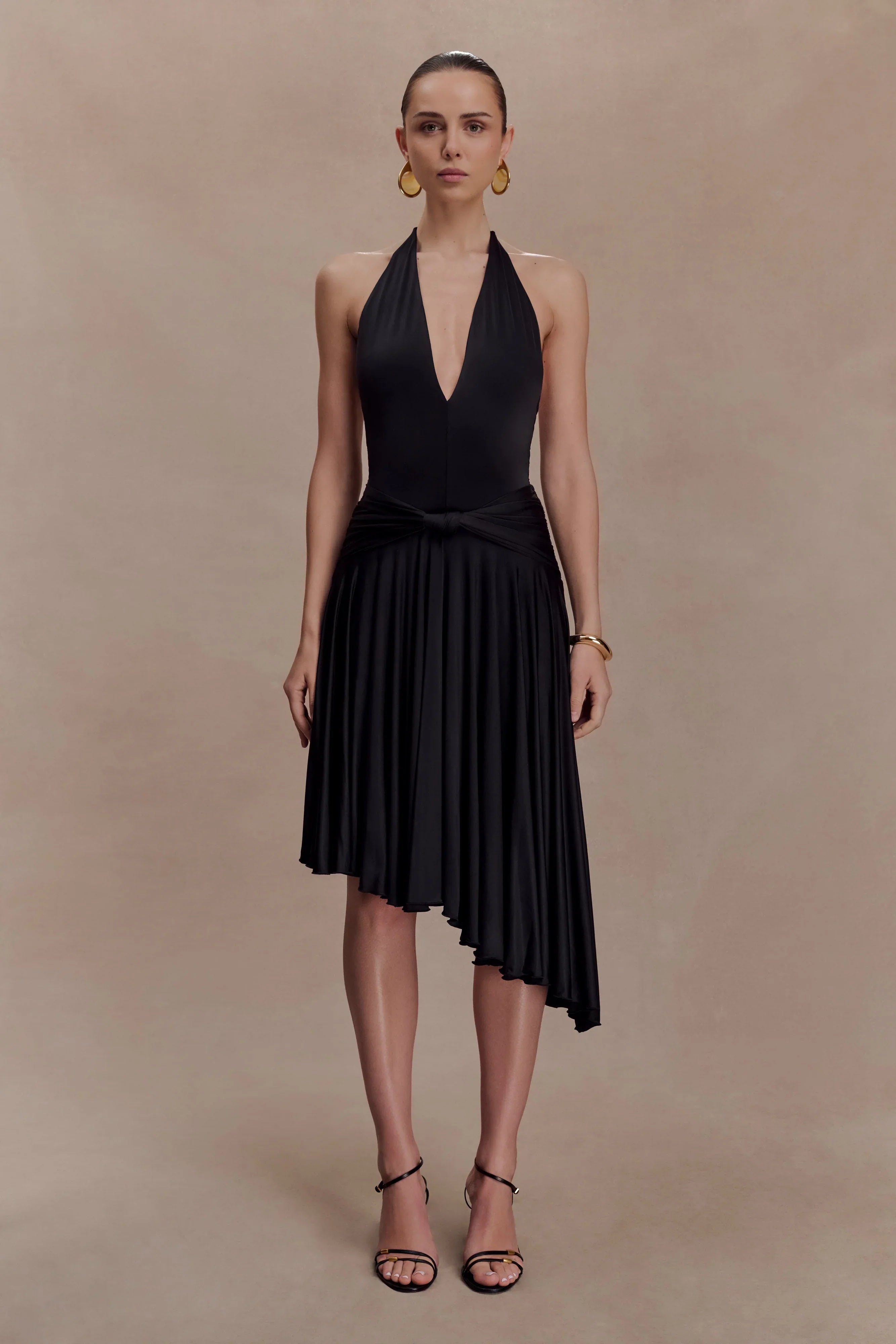 Zelda Asymmetric Slinky Midi Dress Black
