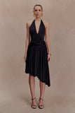 Zelda Asymmetric Slinky Midi Dress Black