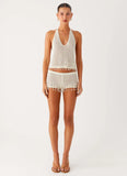 Pearl Shore Beaded Crochet Mini Shorts Ivory