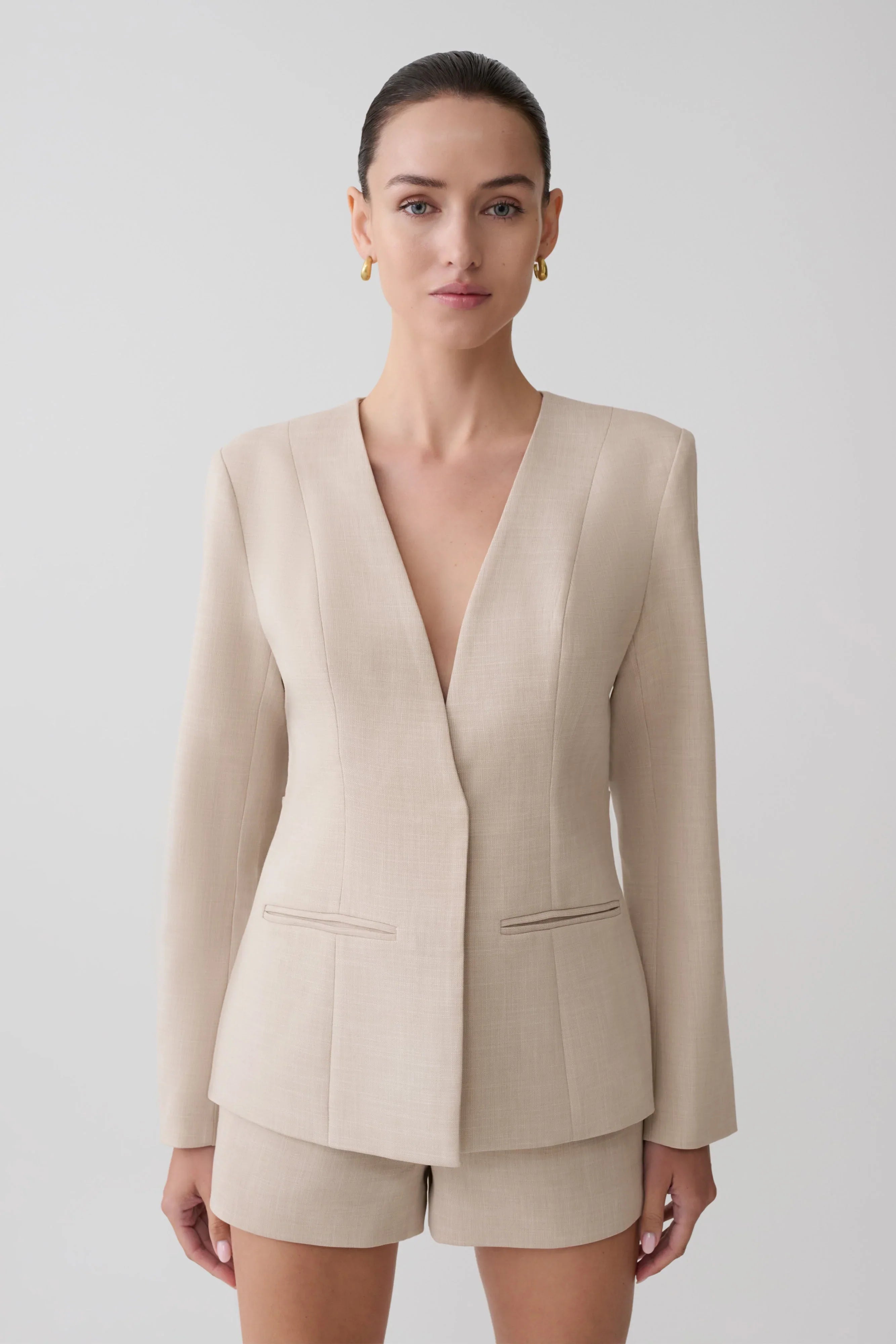 Solenne Collarless Suiting Blazer Natural Marle
