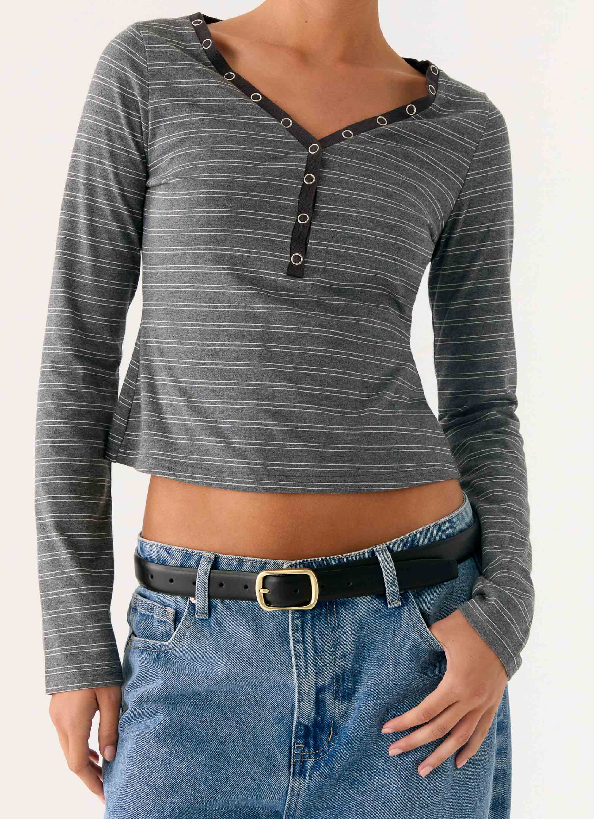 Kaytra Long Sleeve Top Grey Marle Stripe