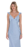 Satin Ruffle Open Maxi Dress in Light Blue