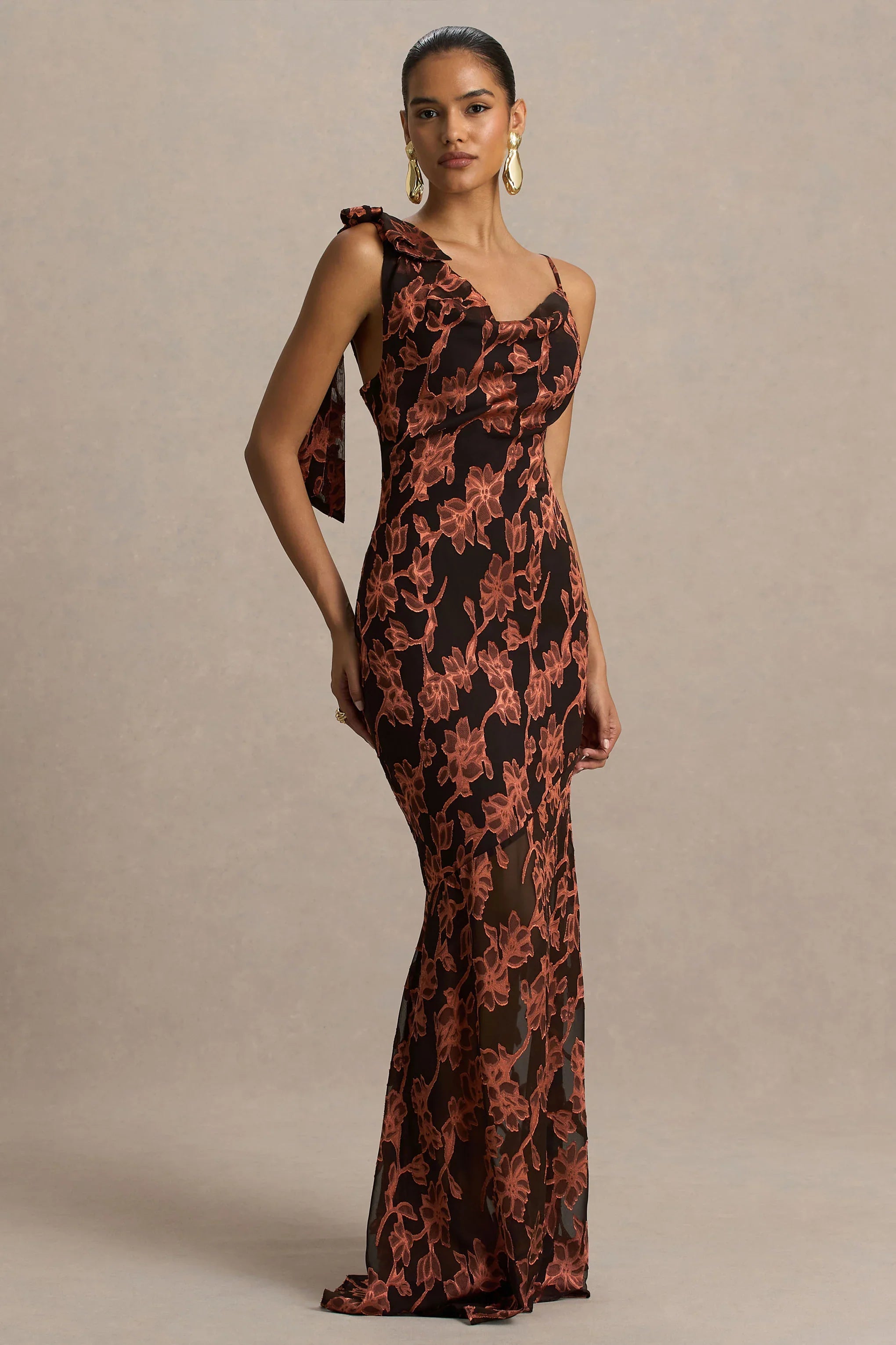 Mar Black And Rust Cowl Neck Maxi Dress With Bow Detail