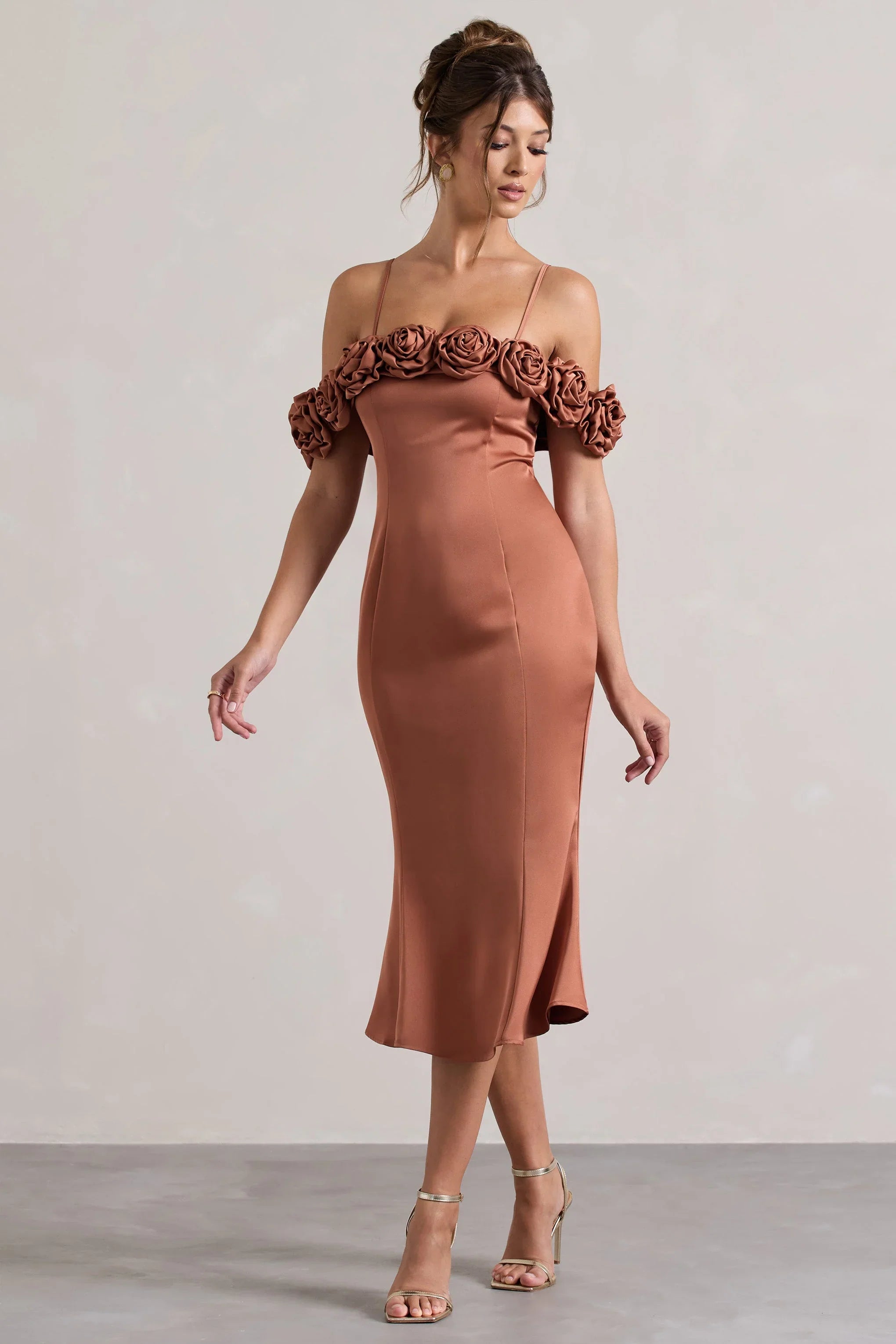 Petunia Rust Satin Floral Bardot Midi Dress