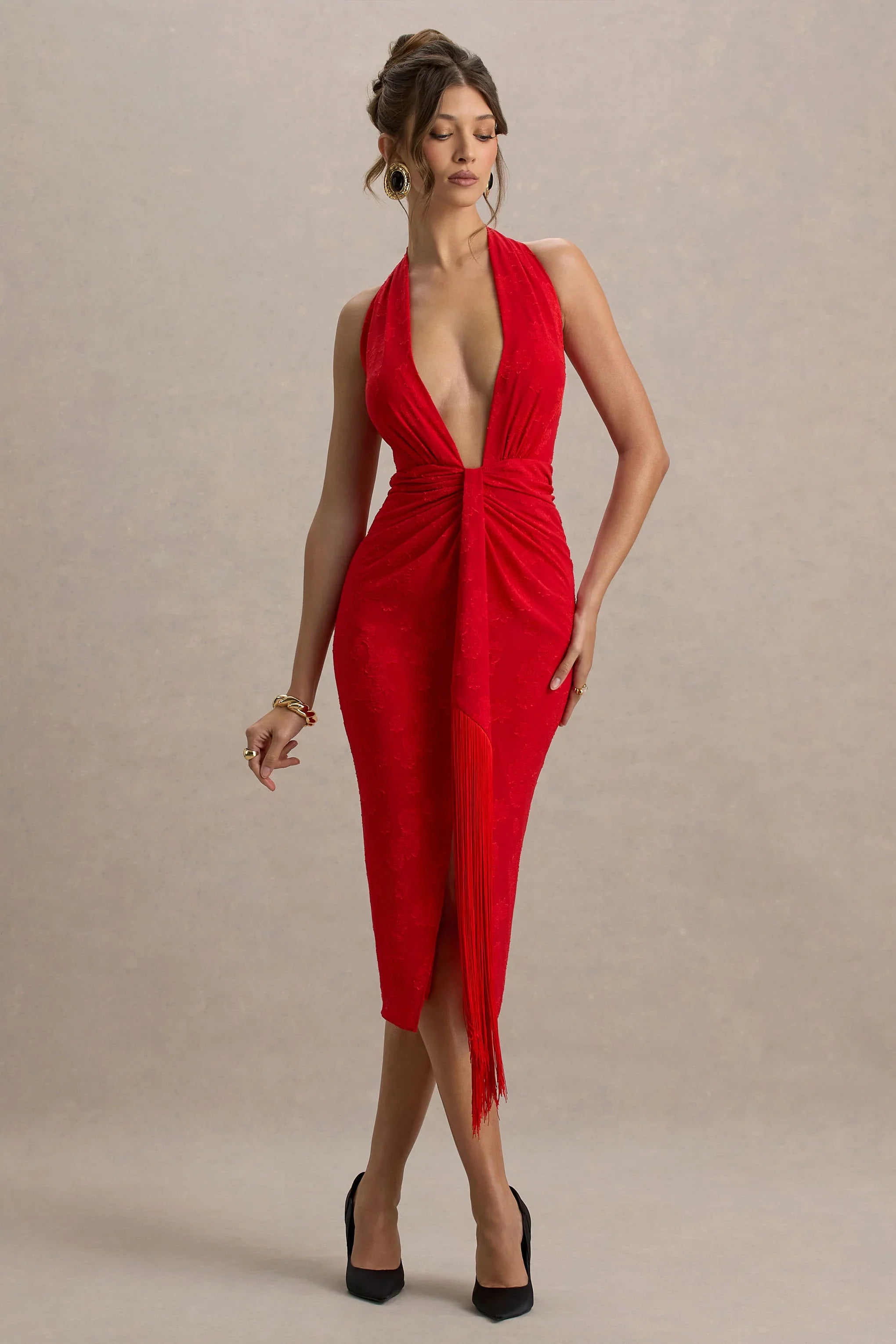 Auria Red Satin Devore Plunge Neck Midi Dress With Fringe Details