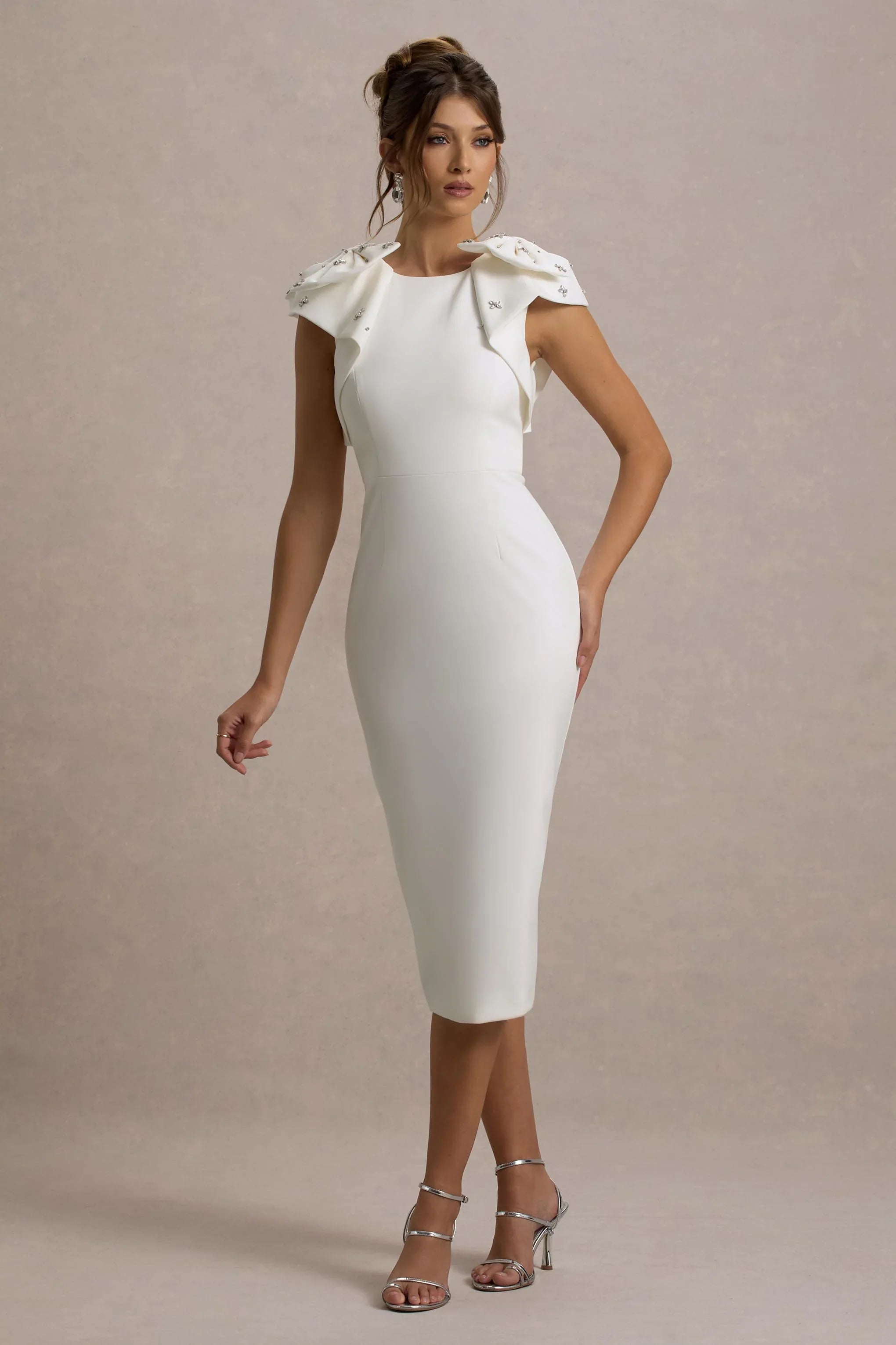 Aubrie Ecru Midi Dress With Bow Details