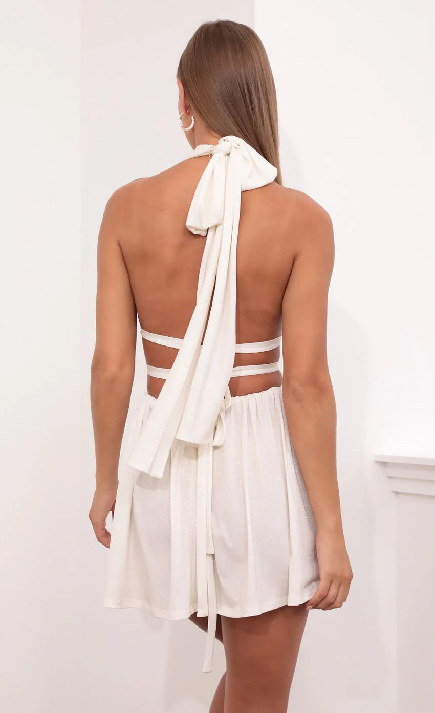 Halter Cutout Chiffon Dress in White Gold