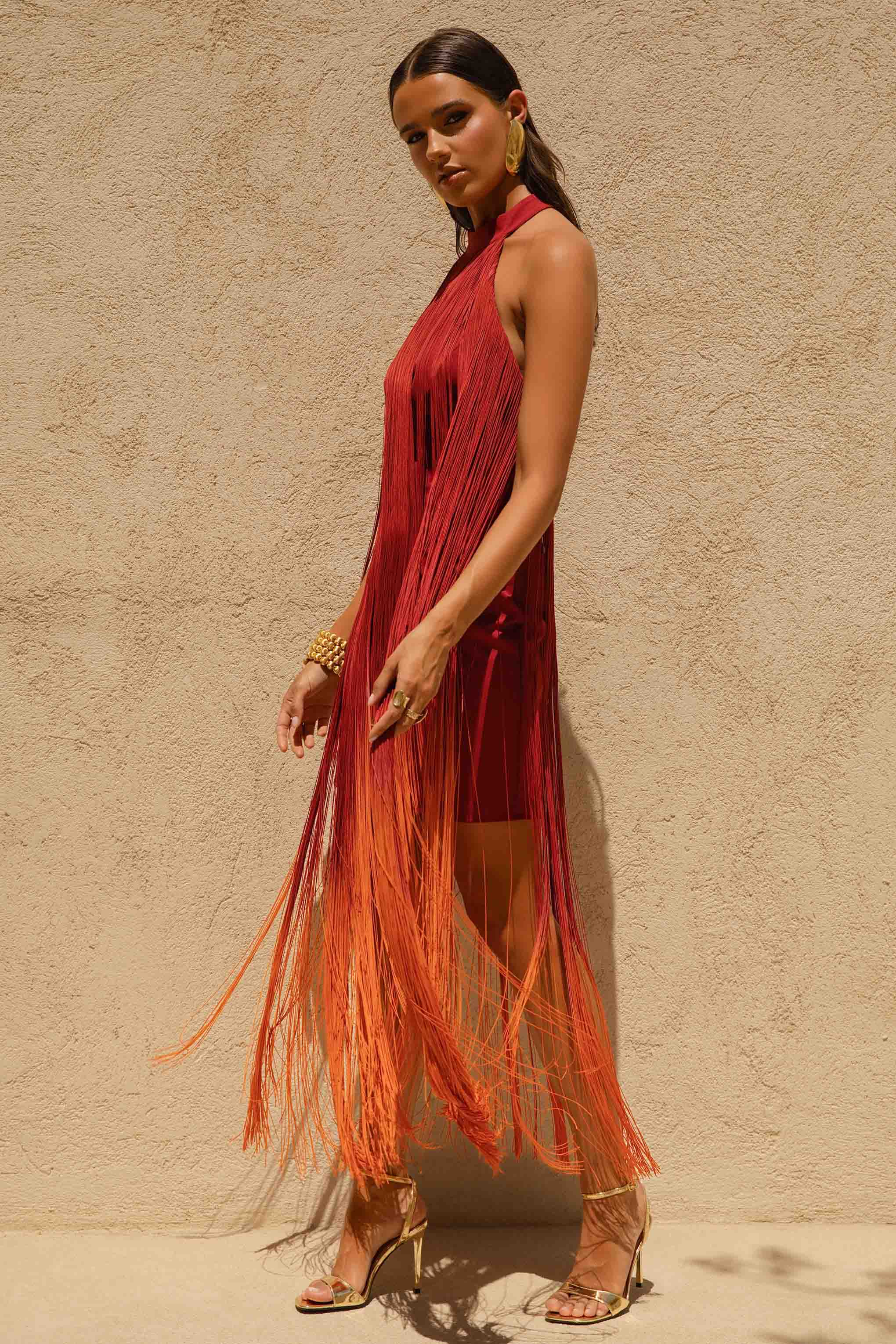 Alessia Orange Ombre Fringe High Neck Maxi Dress