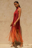 Alessia Orange Ombre Fringe High Neck Maxi Dress