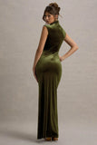 Abilene Olive Velvet High Neck Split Maxi Dress