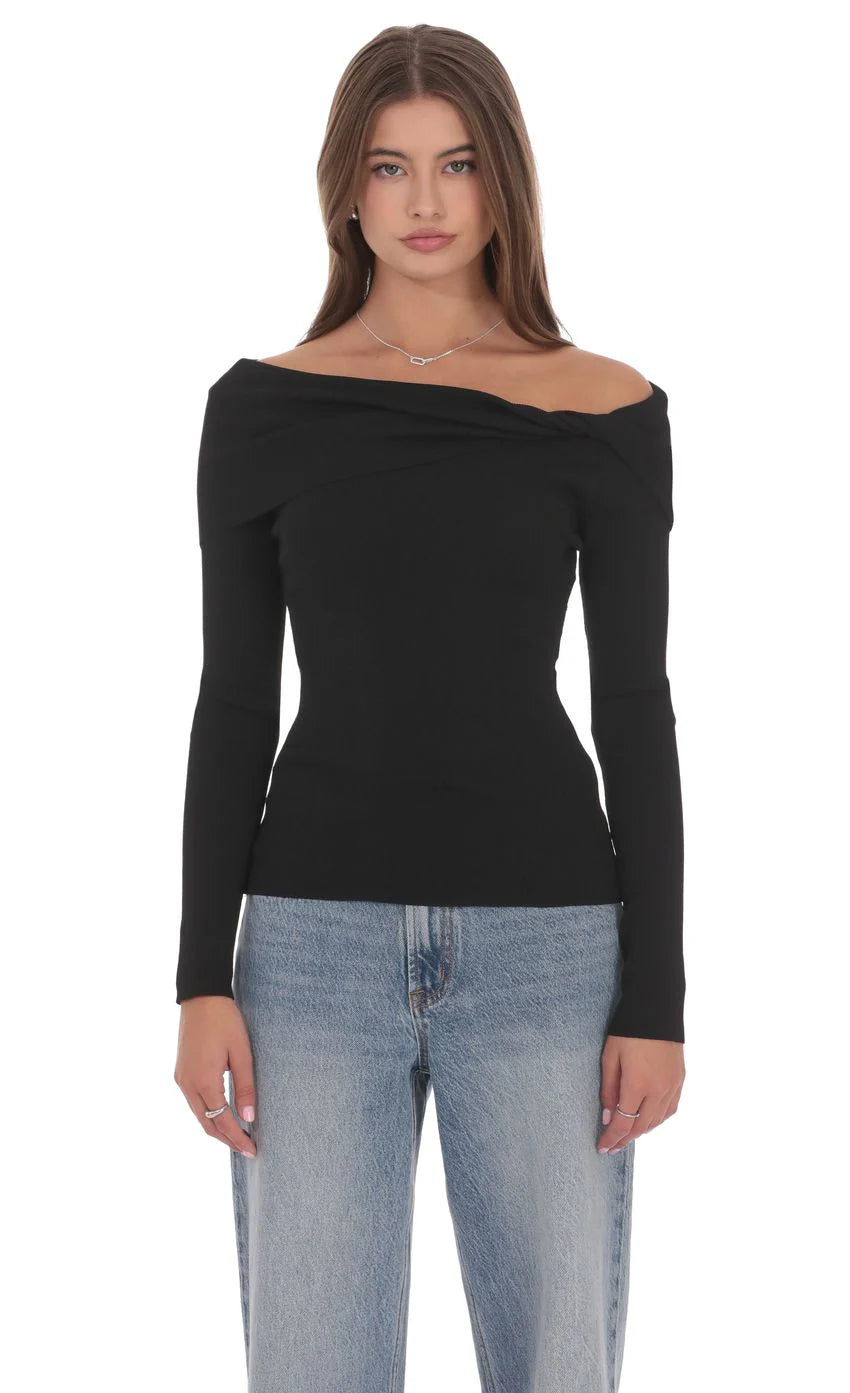 Twist Off Shoulder Jumper in Black