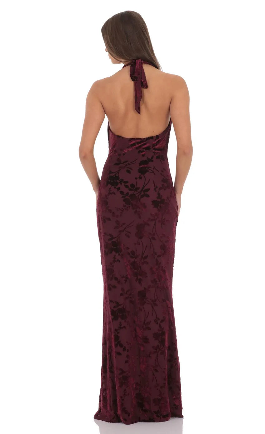 Velvet Floral Halter Cowl Neck Maxi Dress in Plum