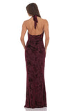 Velvet Floral Halter Cowl Neck Maxi Dress in Plum