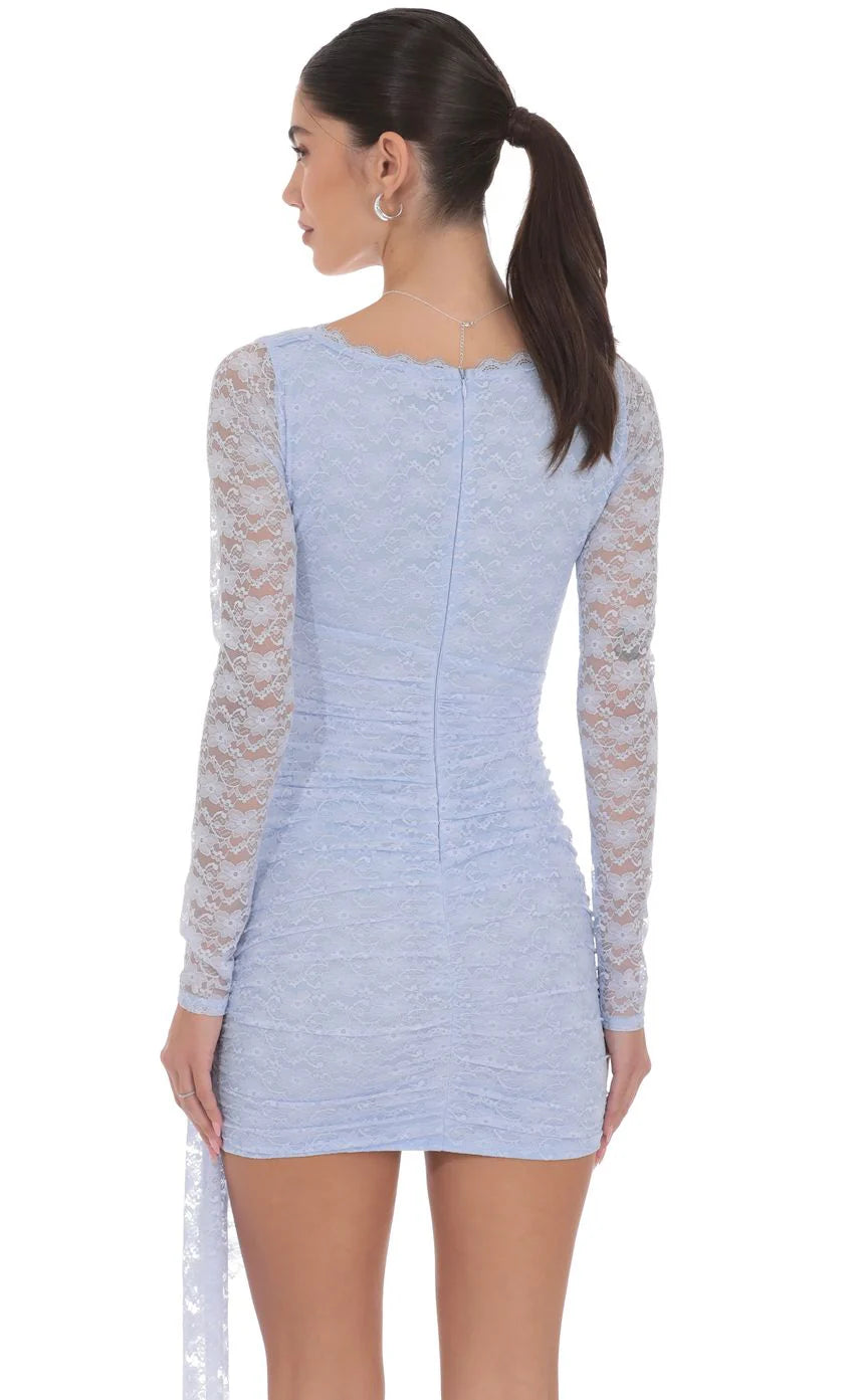 Lace Long Sleeve Tassel Dress in Light Blue