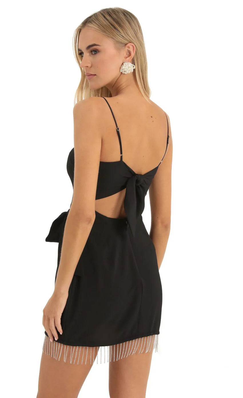 Rhinestone Crepe Wrap Dress in Black