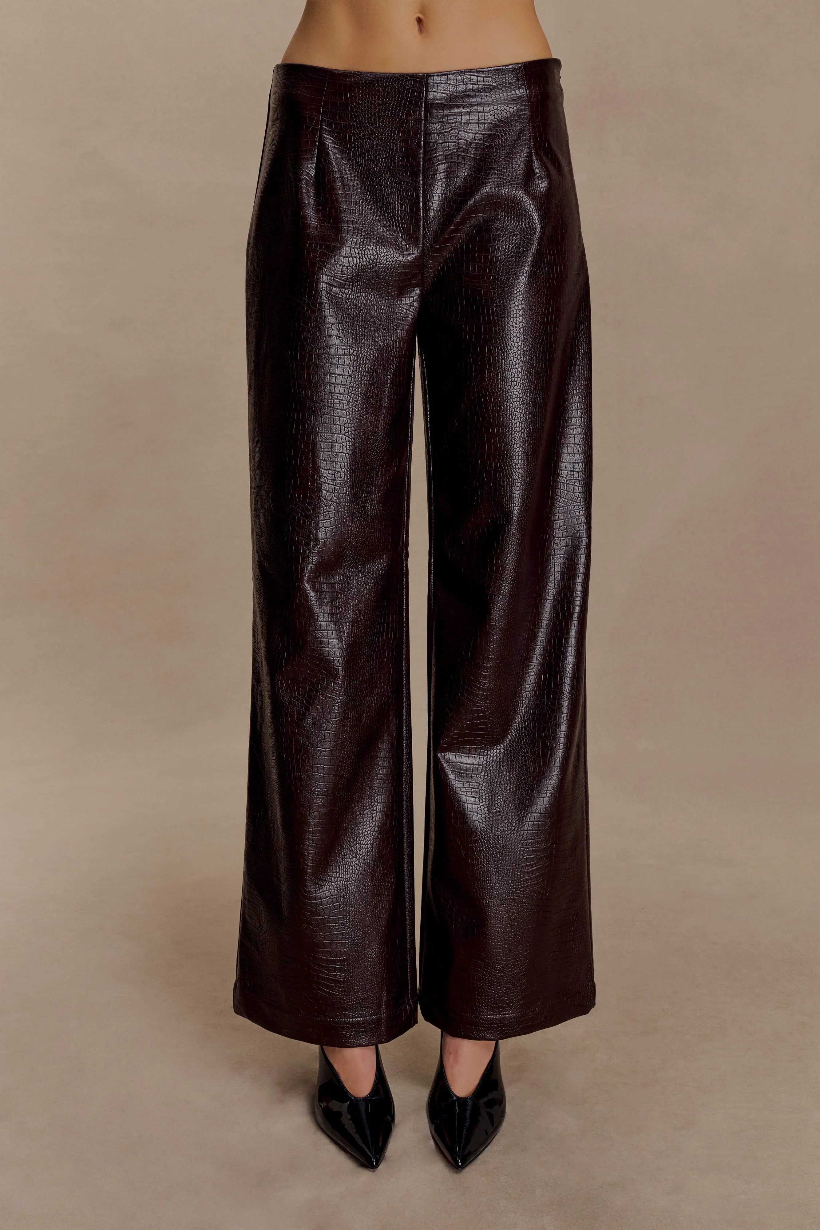 Henry Croc Faux Leather Straight Leg Pants Dark Chocolate