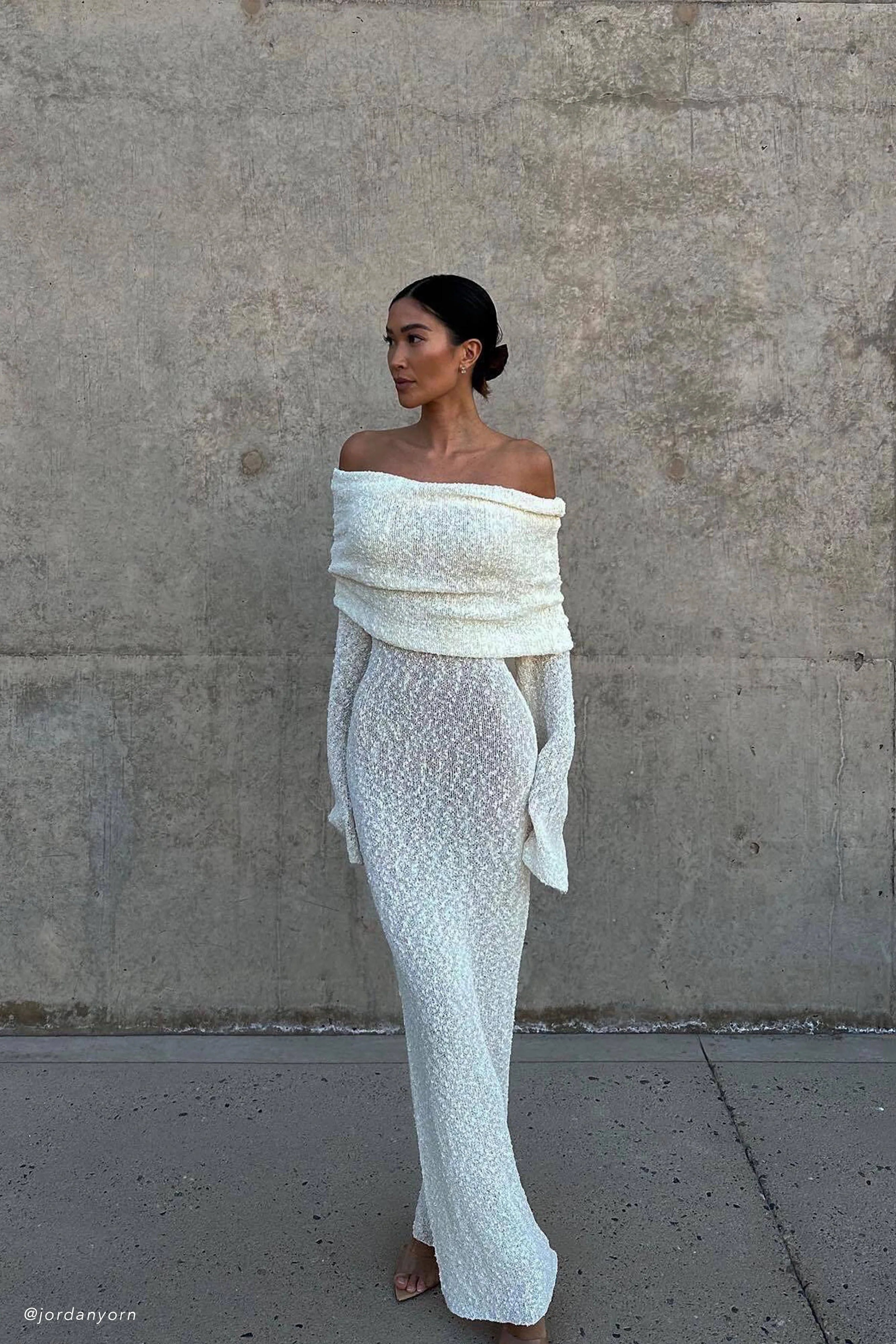 Marisol Off Shoulder Boucle Maxi Dress Ivory