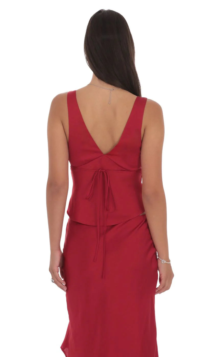 Satin V Neck Top in Red