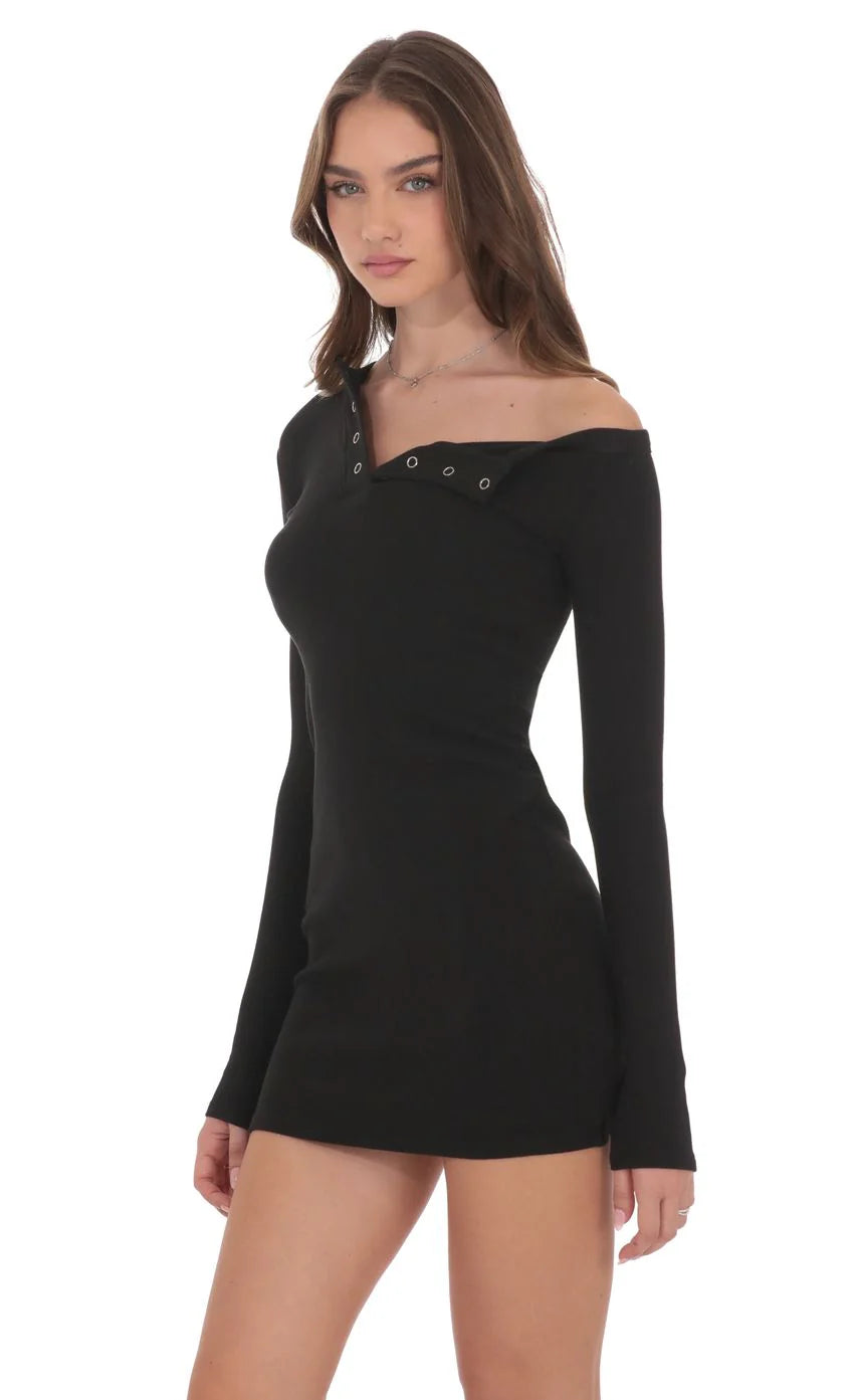 Off Shoulder Henley Dress in Black