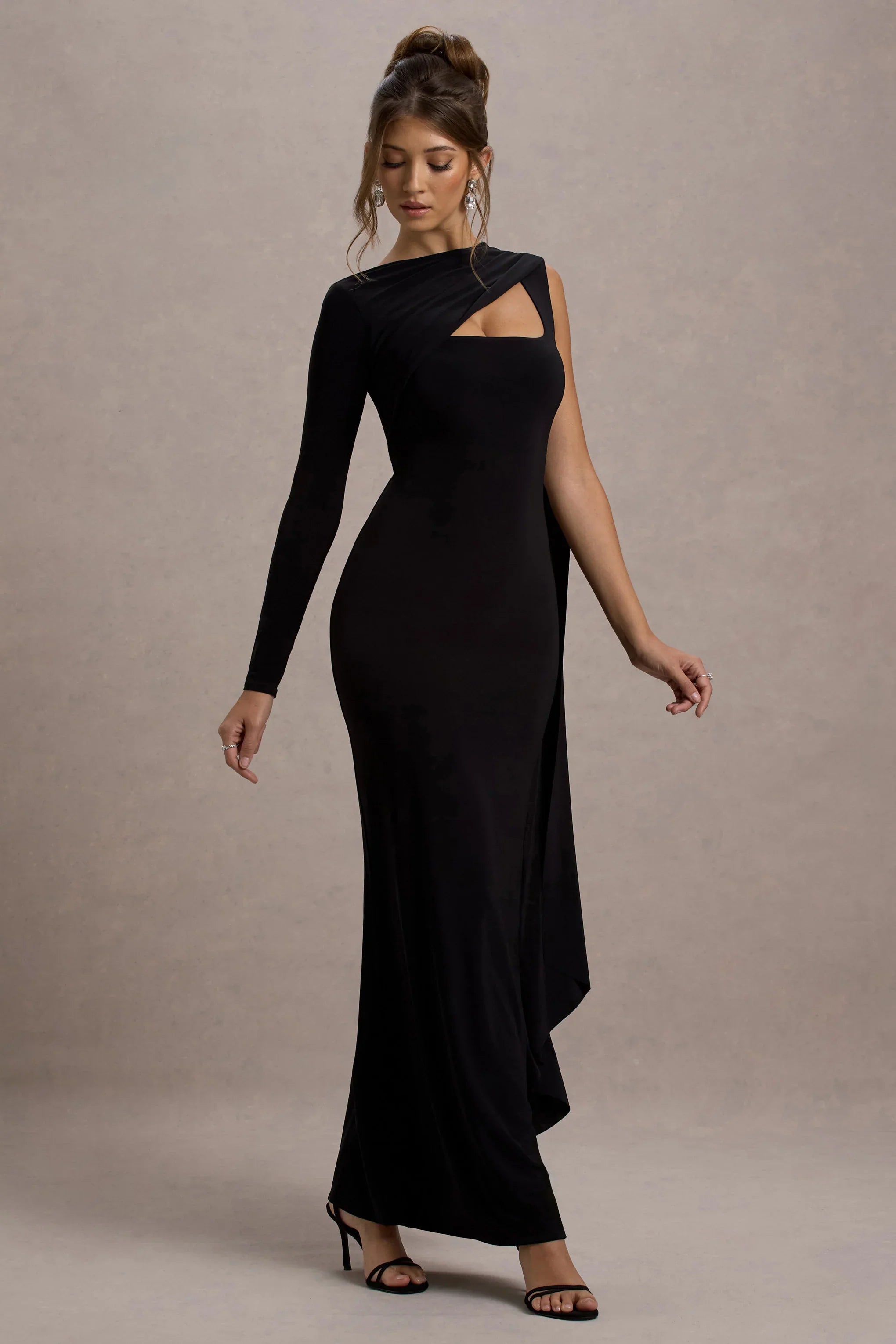 Ashini Black One Sleeve Maxi Dress With Cape