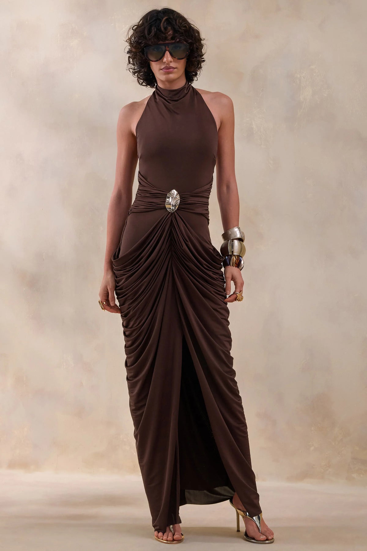 Horizon Brown High Neck Maxi Dress With Draped Detailing