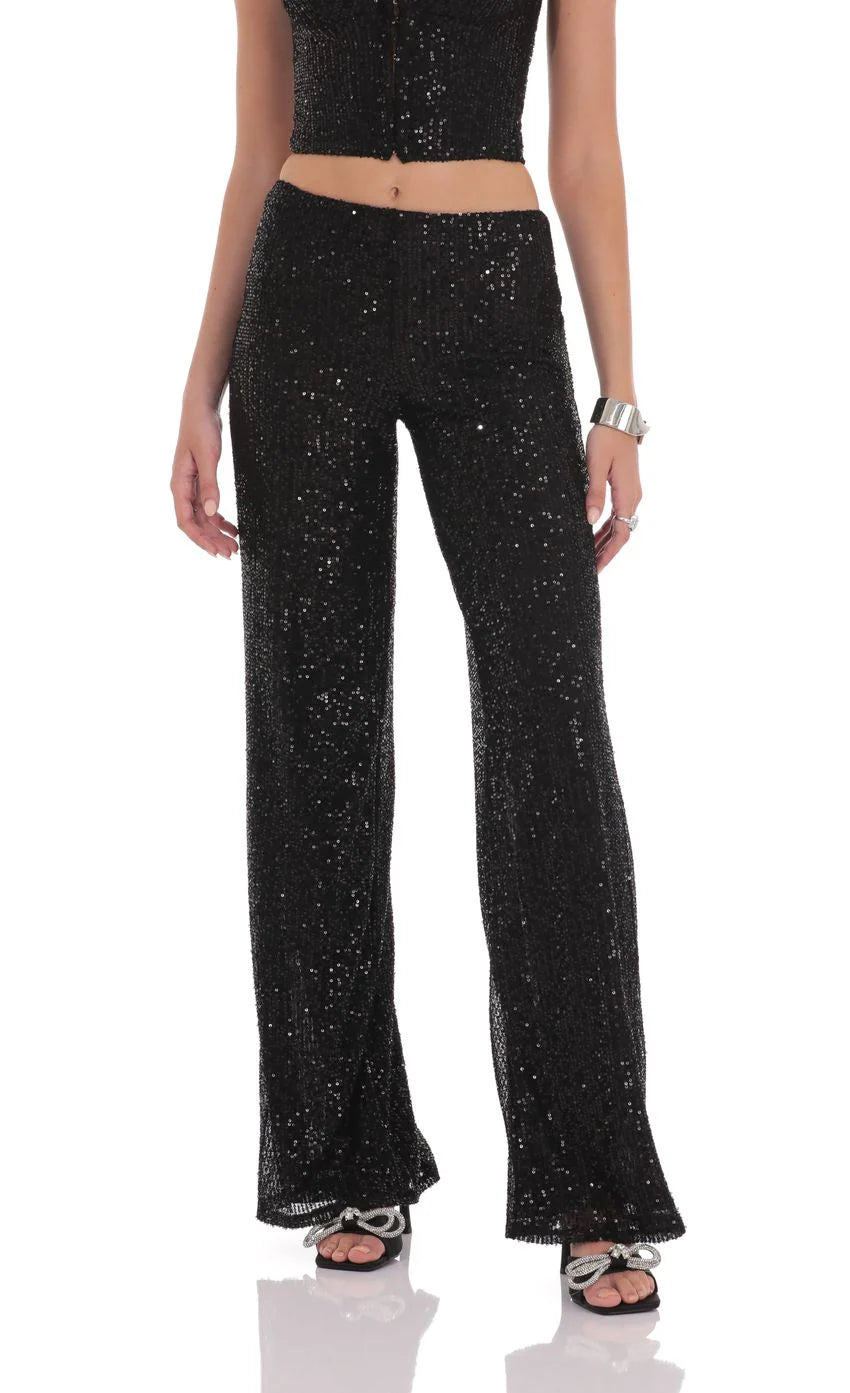 Sequin Satin Strap Two Piece Set in Black
