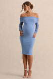 Patiently Waiting Powder Blue Maternity Ruched Mesh Bardot Midi Dress