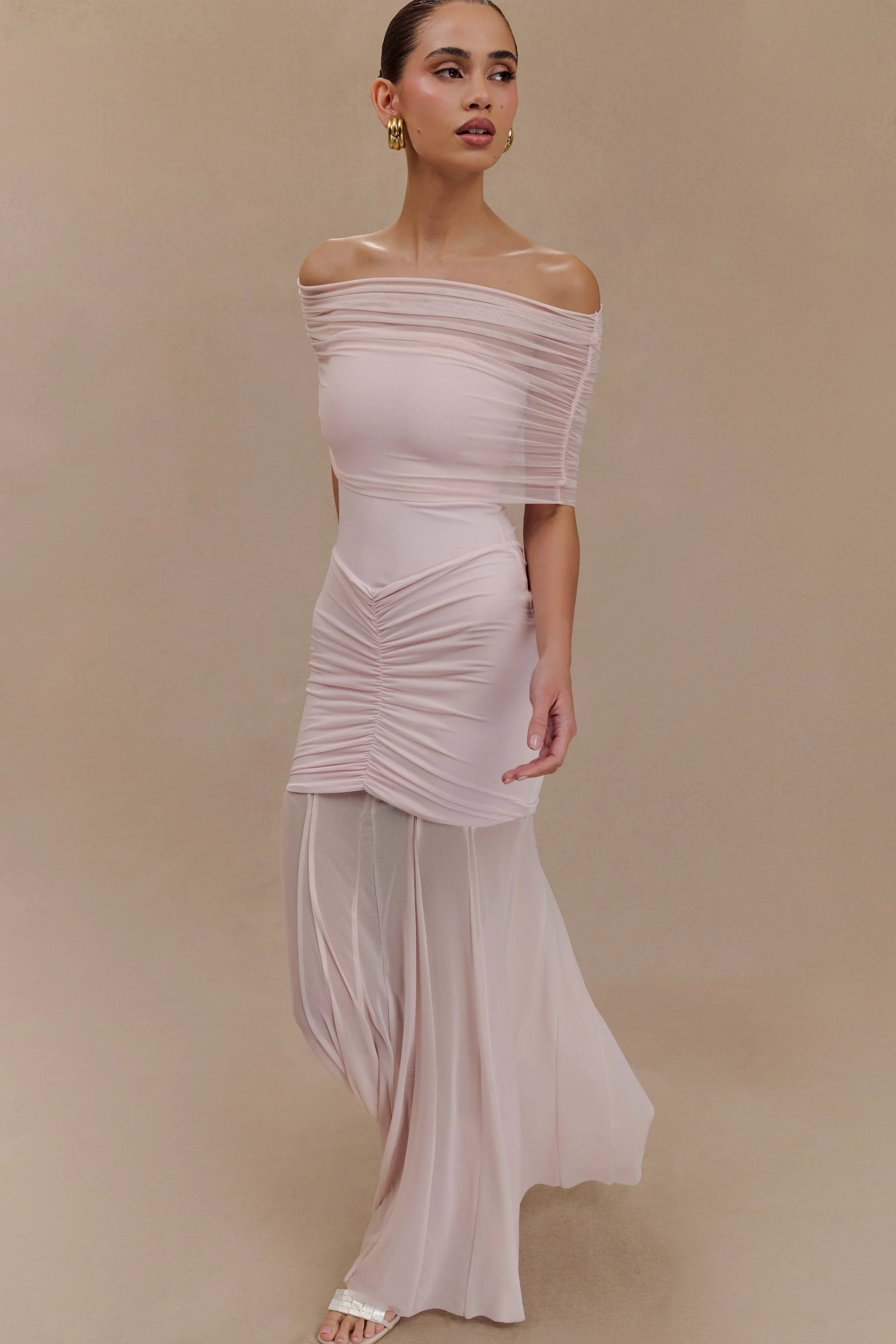 Caspian Slinky And Mesh Off Shoulder Maxi Dress Pale Pink
