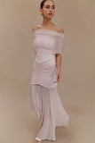 Caspian Slinky And Mesh Off Shoulder Maxi Dress Pale Pink