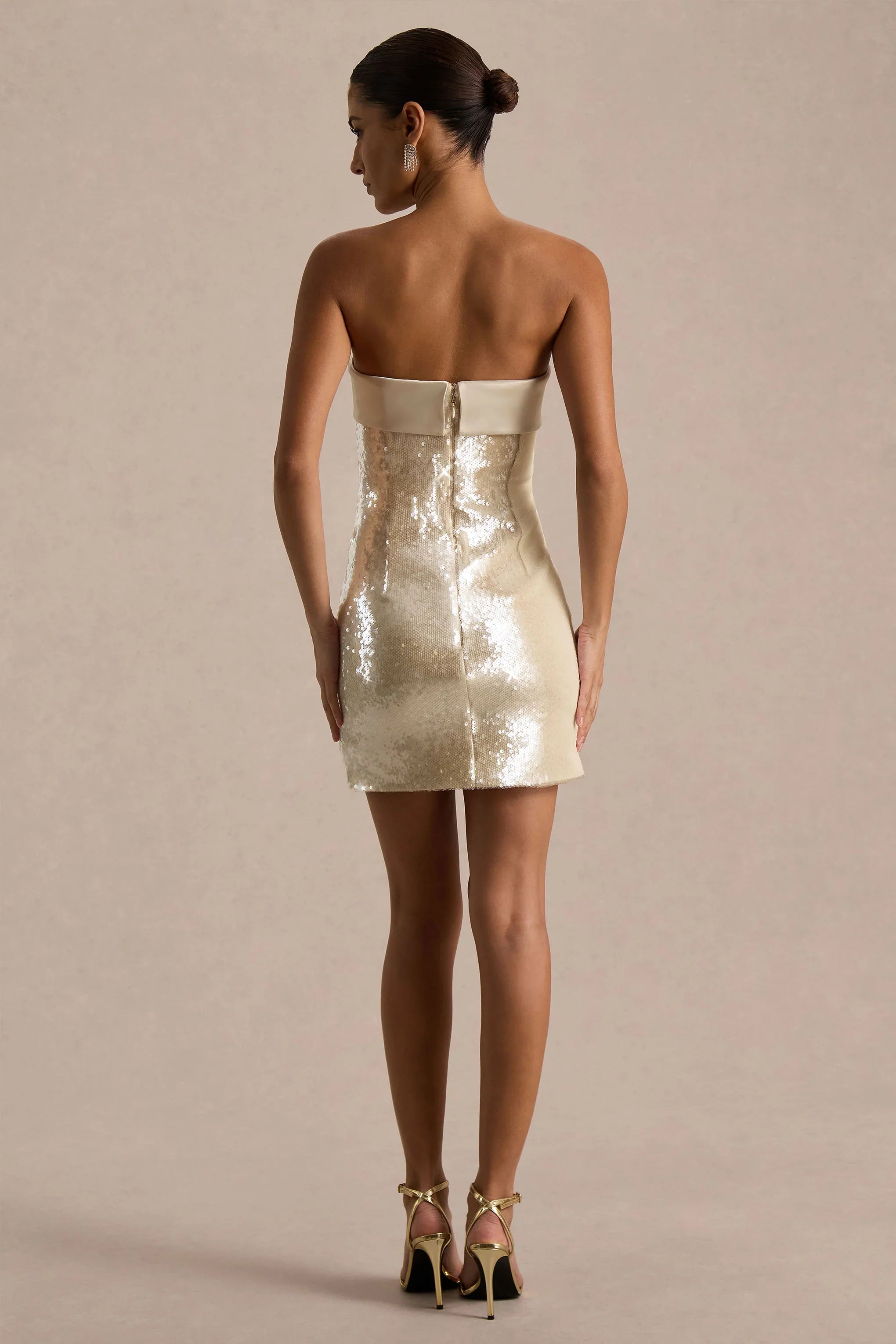 Casandra Champagne Sequin Bandeau Mini Dress With Satin Trim