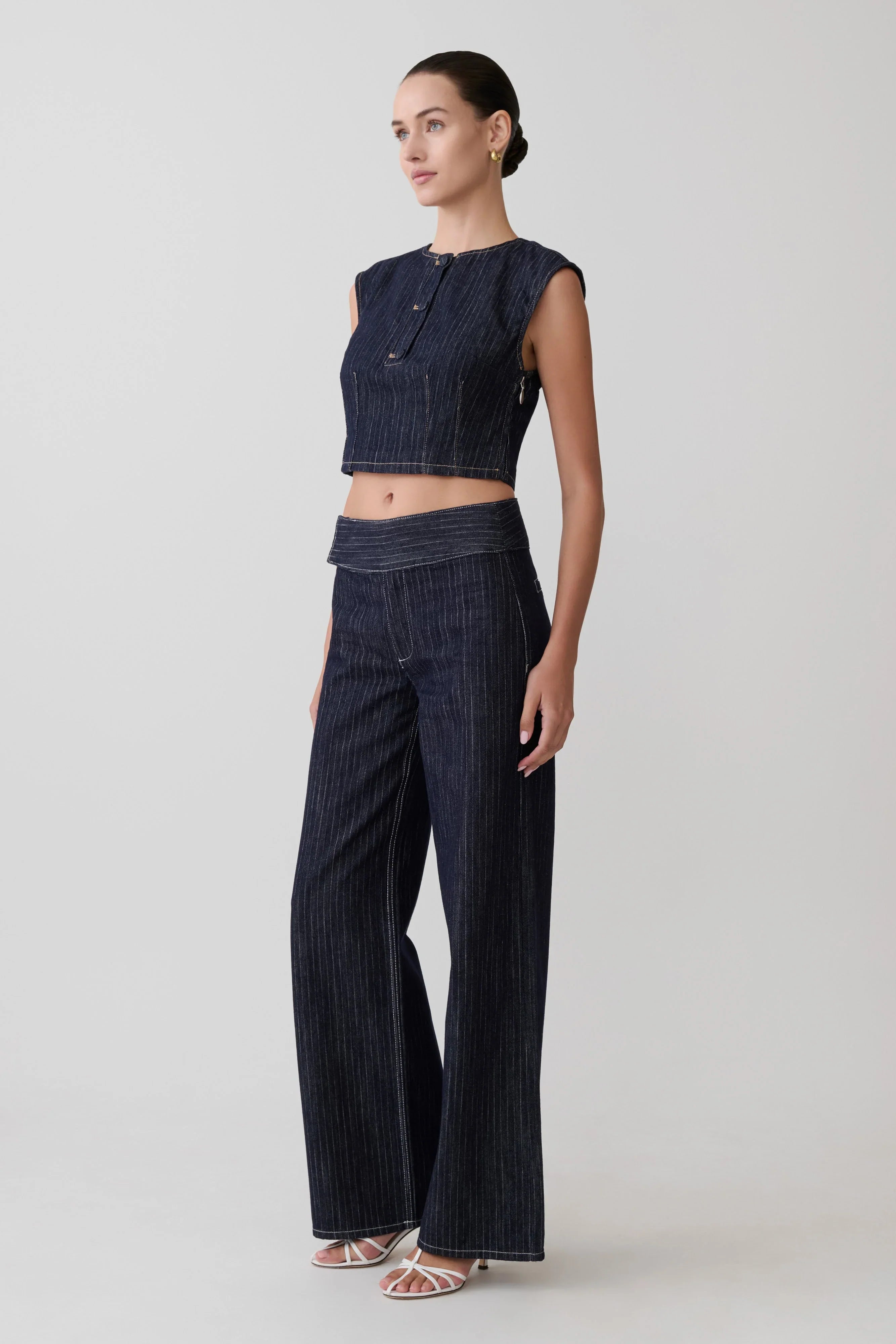 Sienna Flare Mid Rise Denim Jeans Indigo Pinstripe