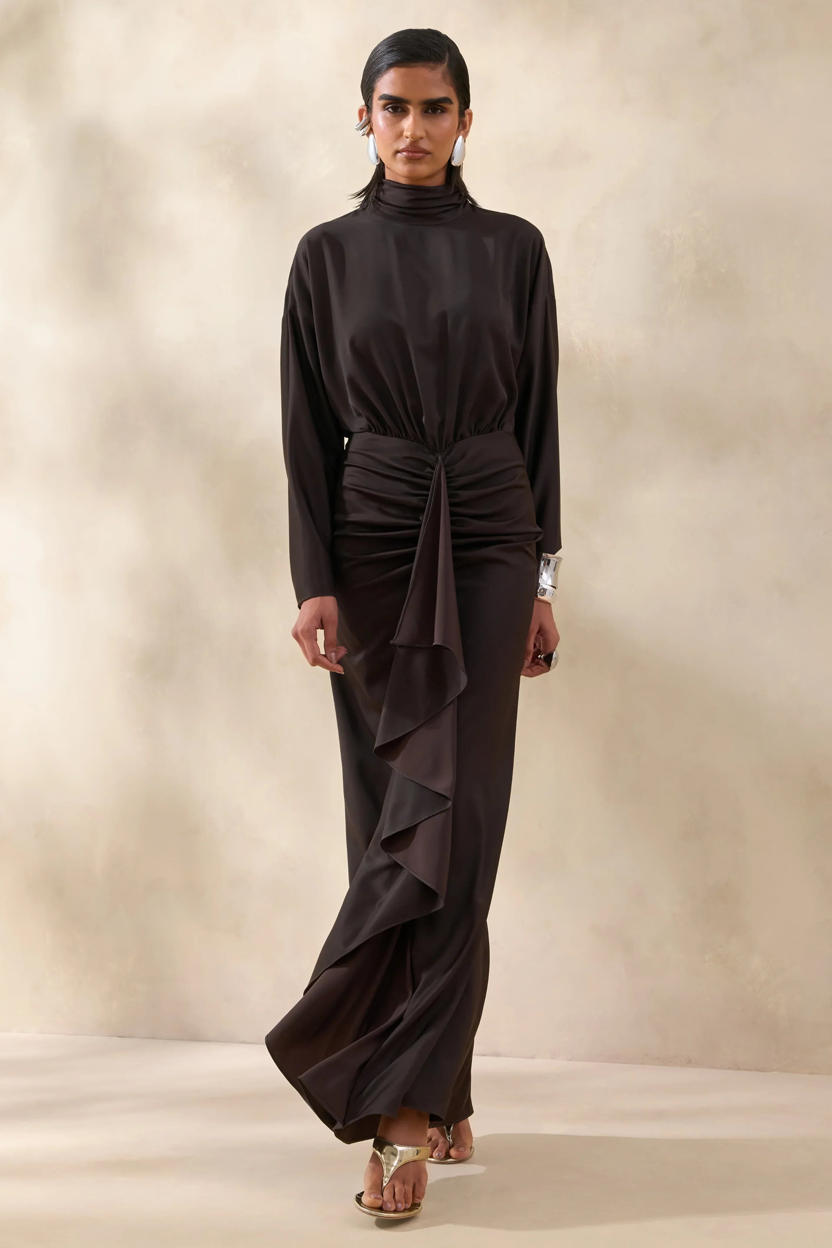 Perla Dark Brown High Neck Maxi Dress With Gathered Detailing