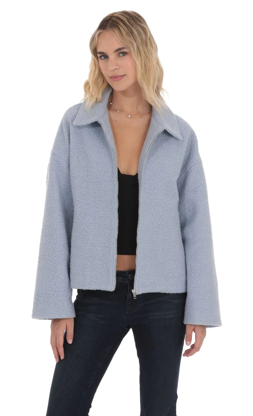 Sherpa Zip Up Jacket in Light Blue