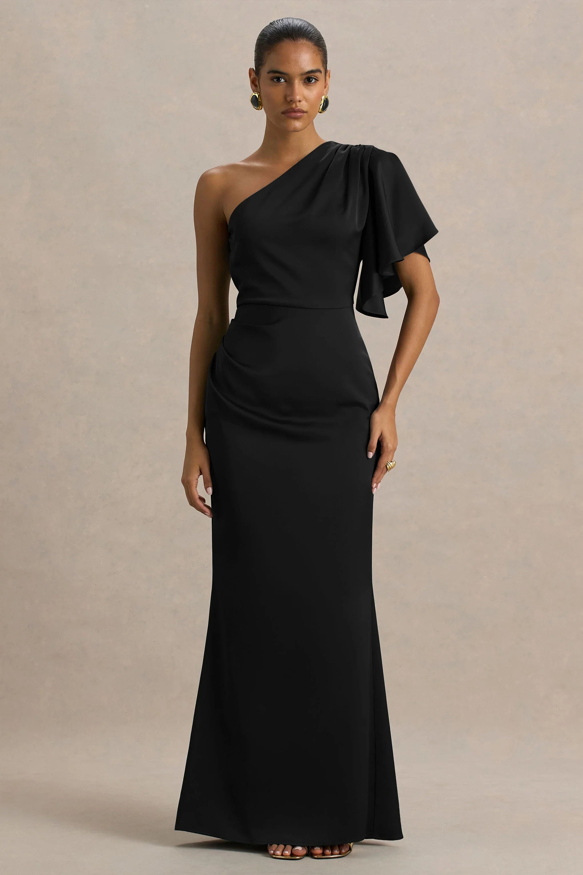 Unforgettable Black Asymmetric Neck Maxi Dress With Ruffled Detailing