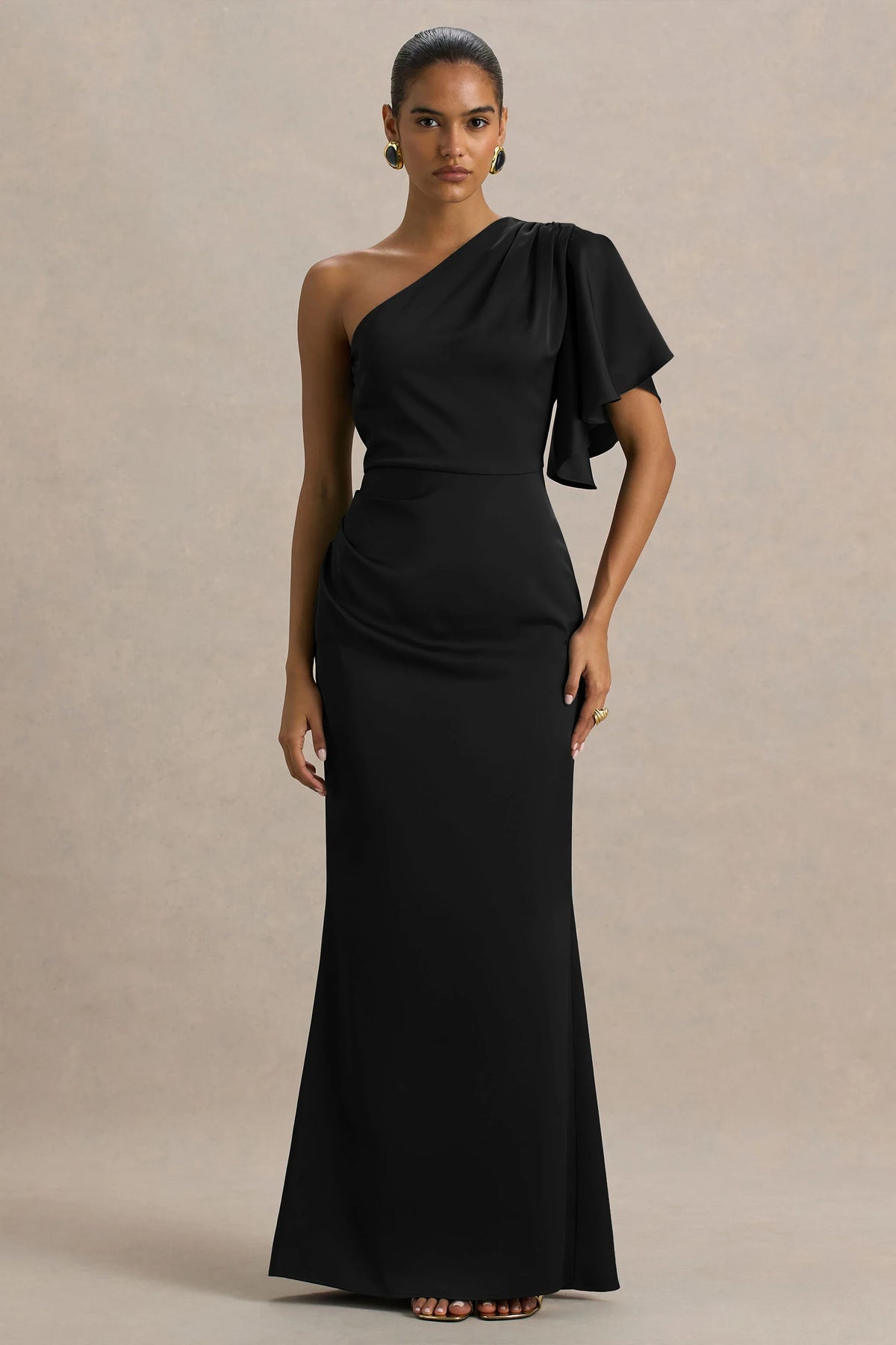 Unforgettable Black Asymmetric Neck Maxi Dress With Ruffled Detailing
