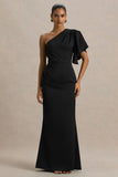 Unforgettable Black Asymmetric Neck Maxi Dress With Ruffled Detailing