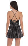 Polka Dot Satin Fit and Flare Dress in Black