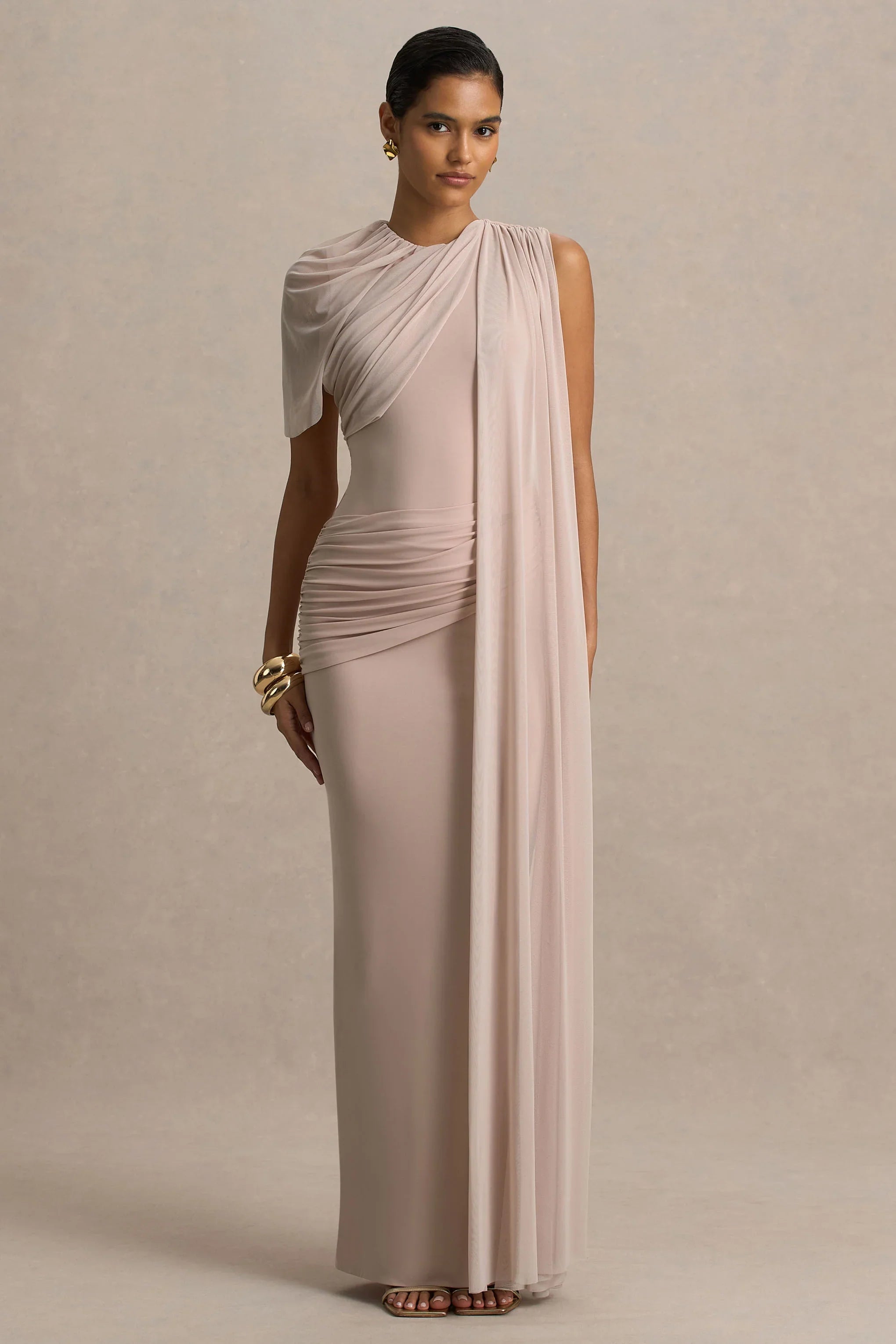 Brenda Champagne Crew Neck Maxi Dress With Mesh Cape And Sash