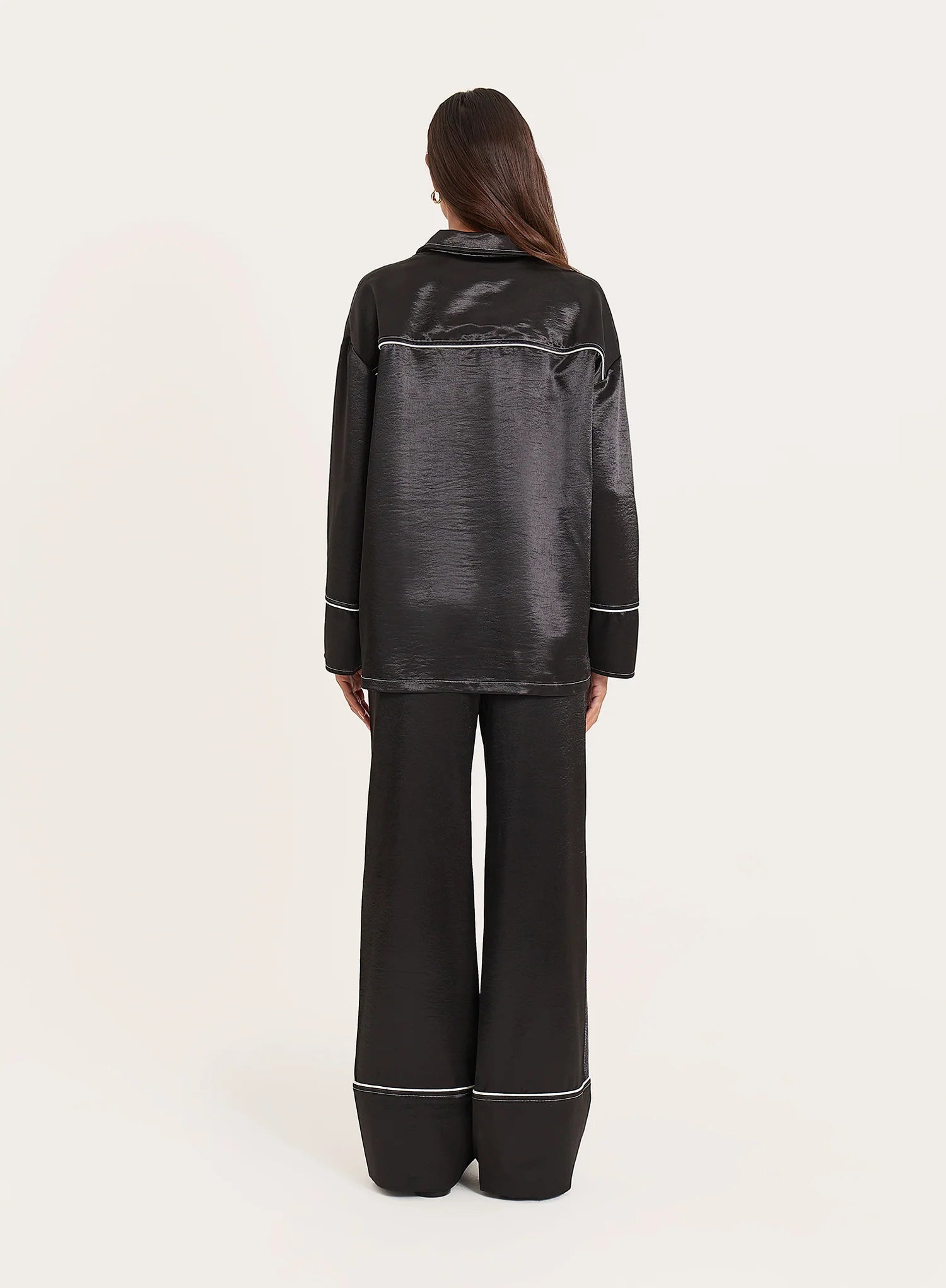Black Satin Contrast Piping Trousers
