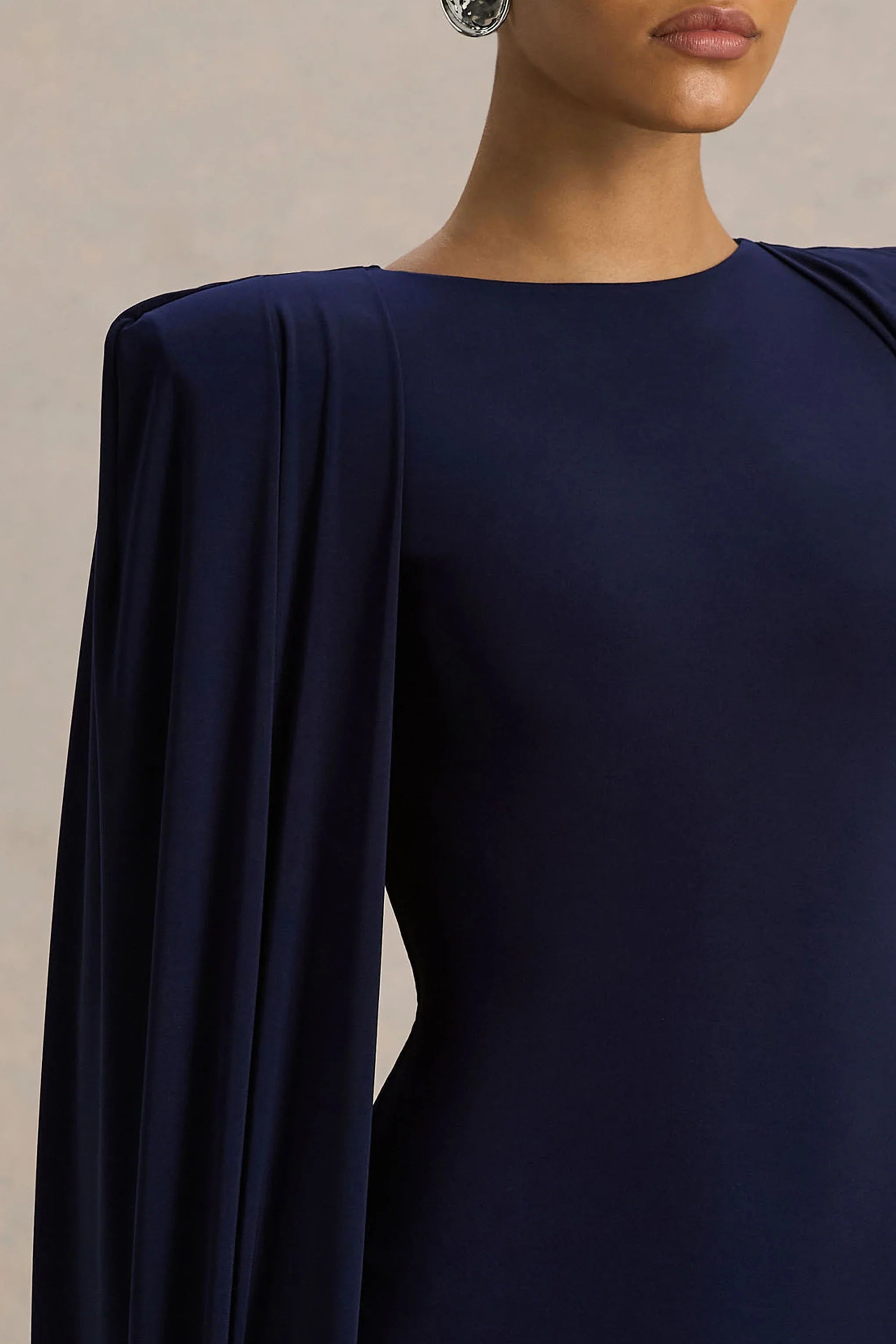 Mimi Navy High Neck Maxi Dress With Cape Sleeve Detail