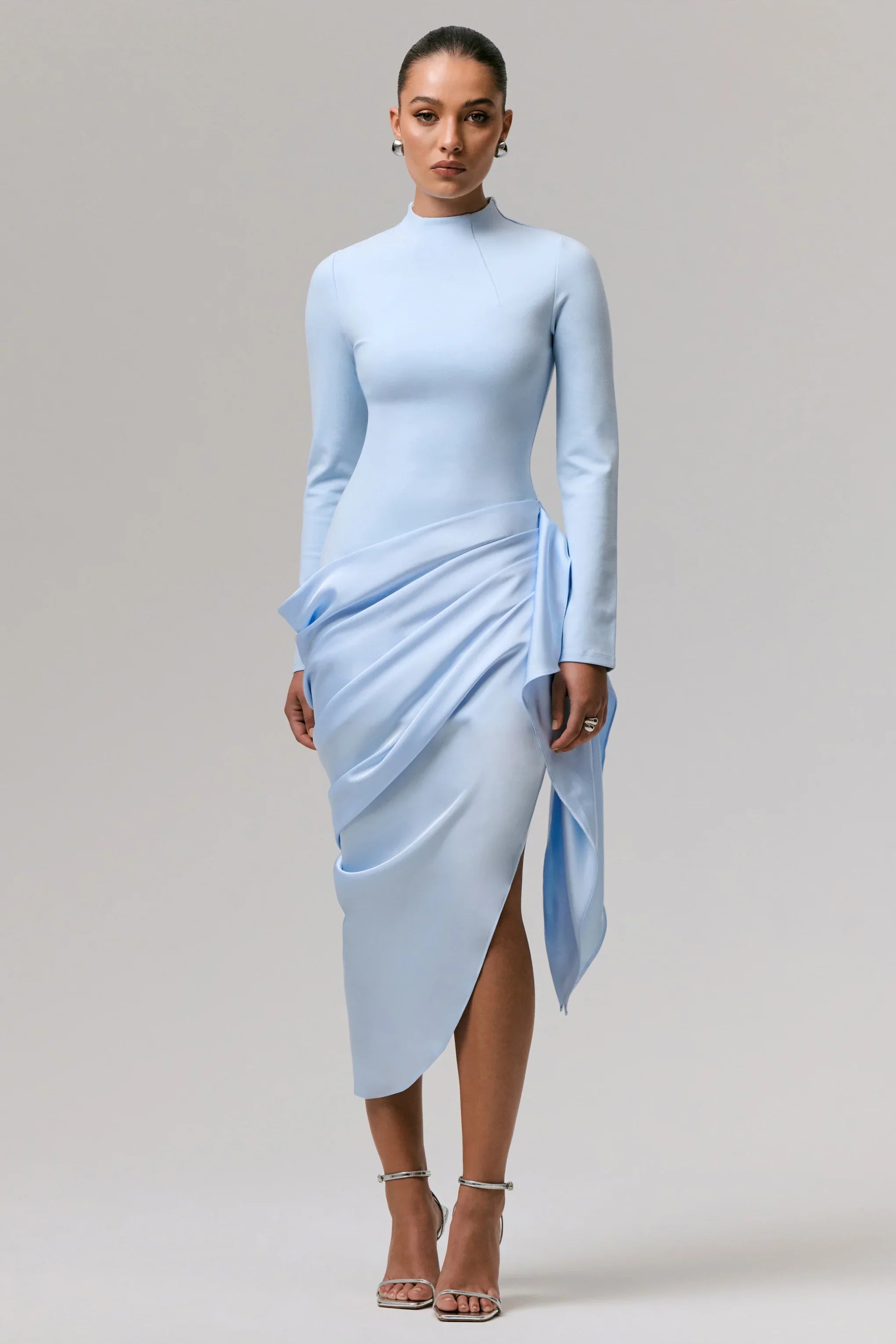 Raffie Powder Blue Long Sleeve Midi Dress With Satin Wrap Skirt