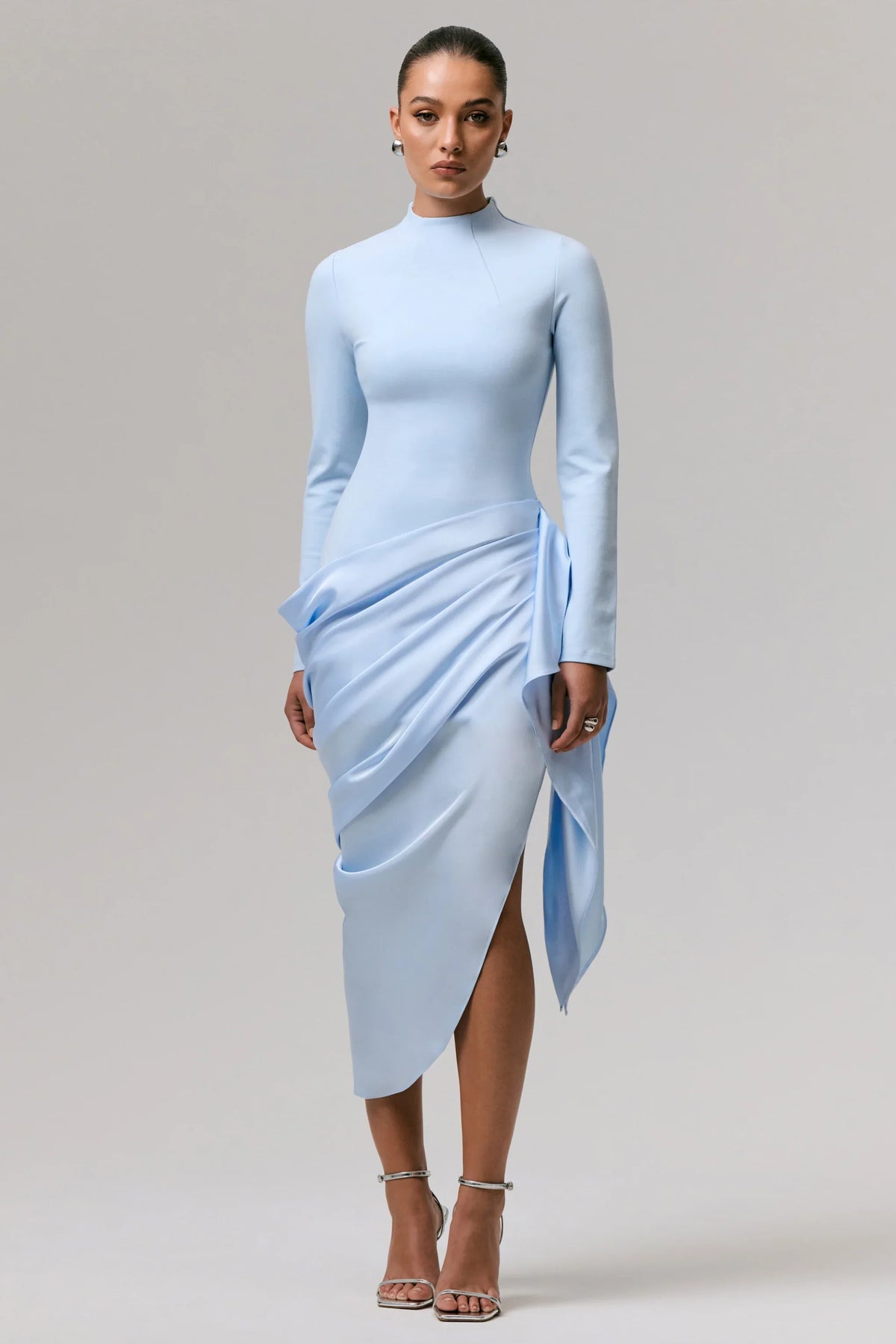 Raffie Powder Blue Long Sleeve Midi Dress With Satin Wrap Skirt