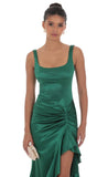 Satin Ruched Ruffle Slit Maxi Dress in Green