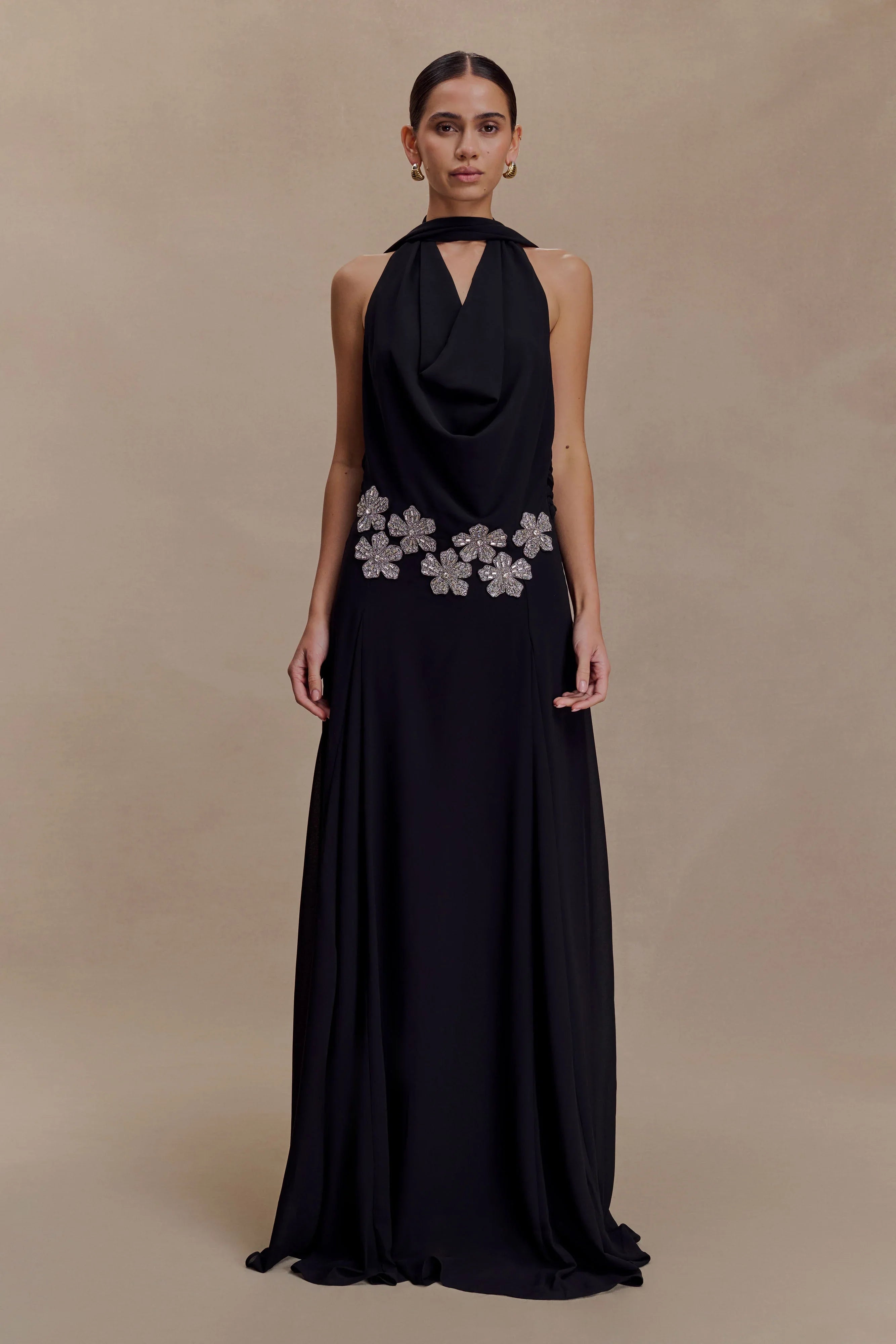 Santal Floral Chiffon Halter Maxi Dress Black